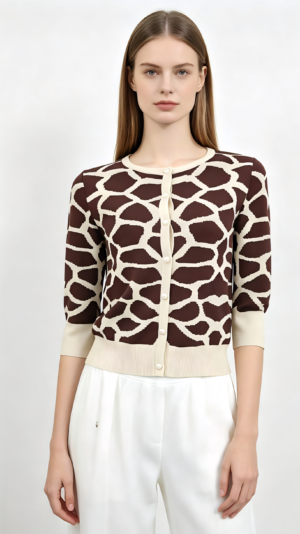 Brown & Beige Giraffe Print 3/4 Sleeve Knit Cardigan