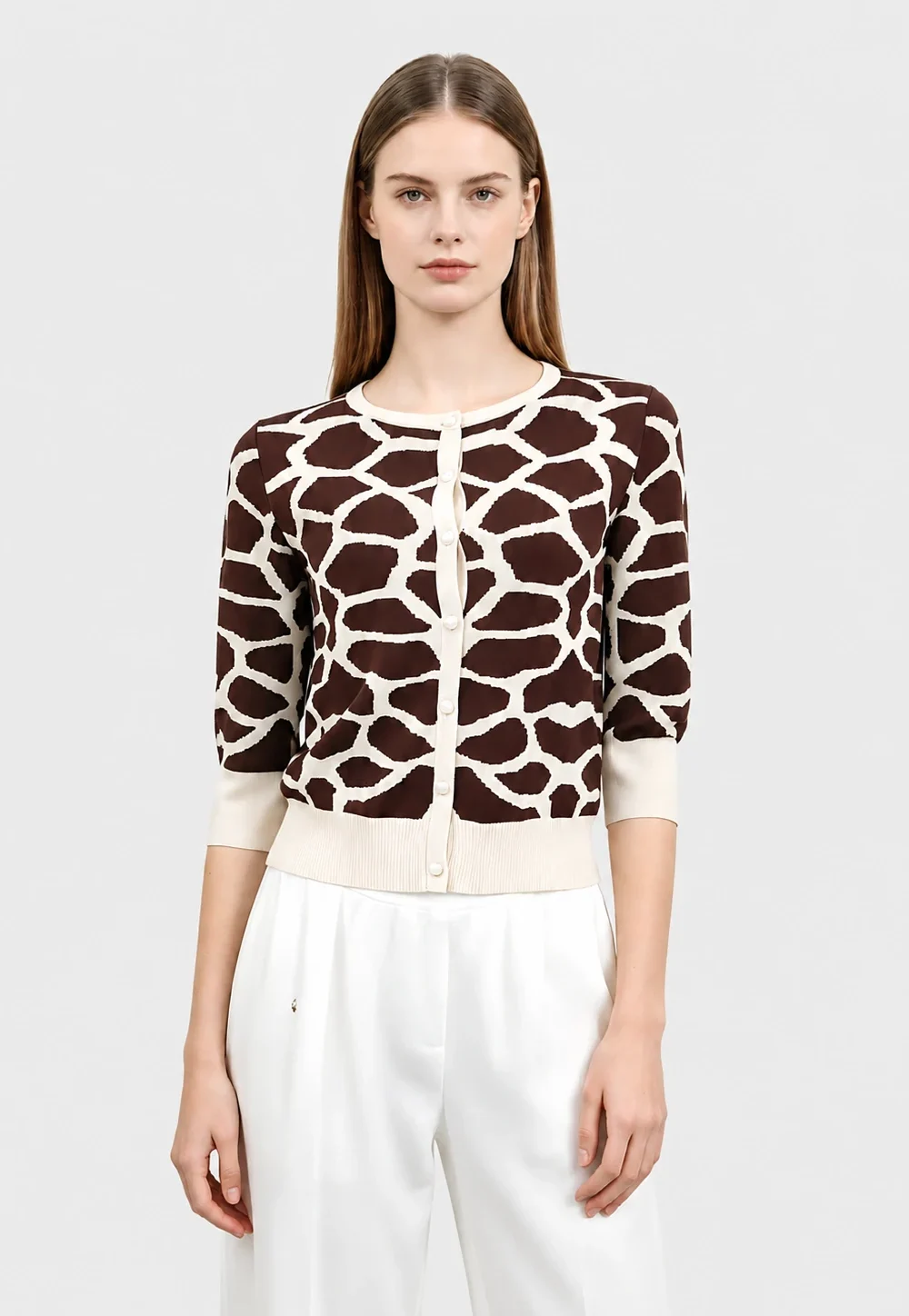Brown Beige Giraffe Jacquard 3/4 Sleeve Knit Cardigan for Women