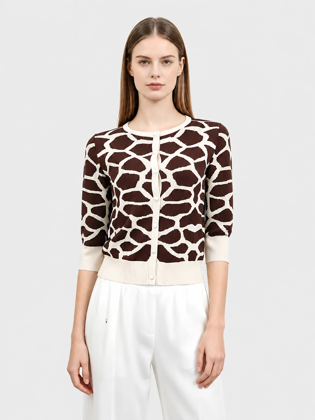 Brown Beige Giraffe Jacquard 3/4 Sleeve Knit Cardigan for Women 1 Brown Beige Giraffe Jacquard 3/4 Sleeve Knit Cardigan for Women
