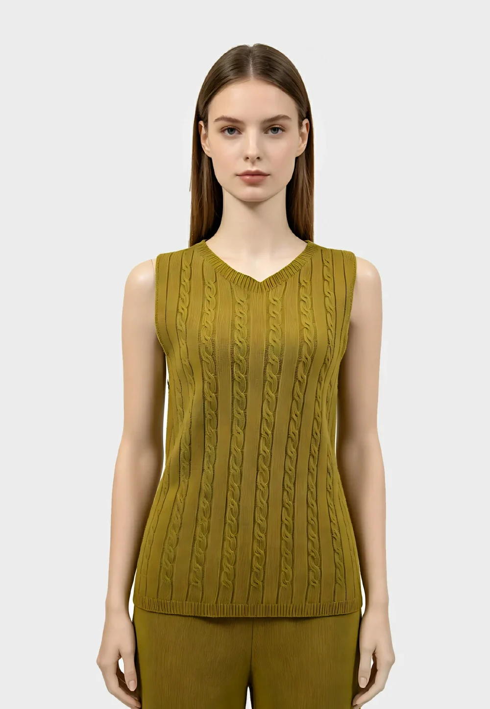 Olive Green Cable Knit V-Neck Sleeveless Vest