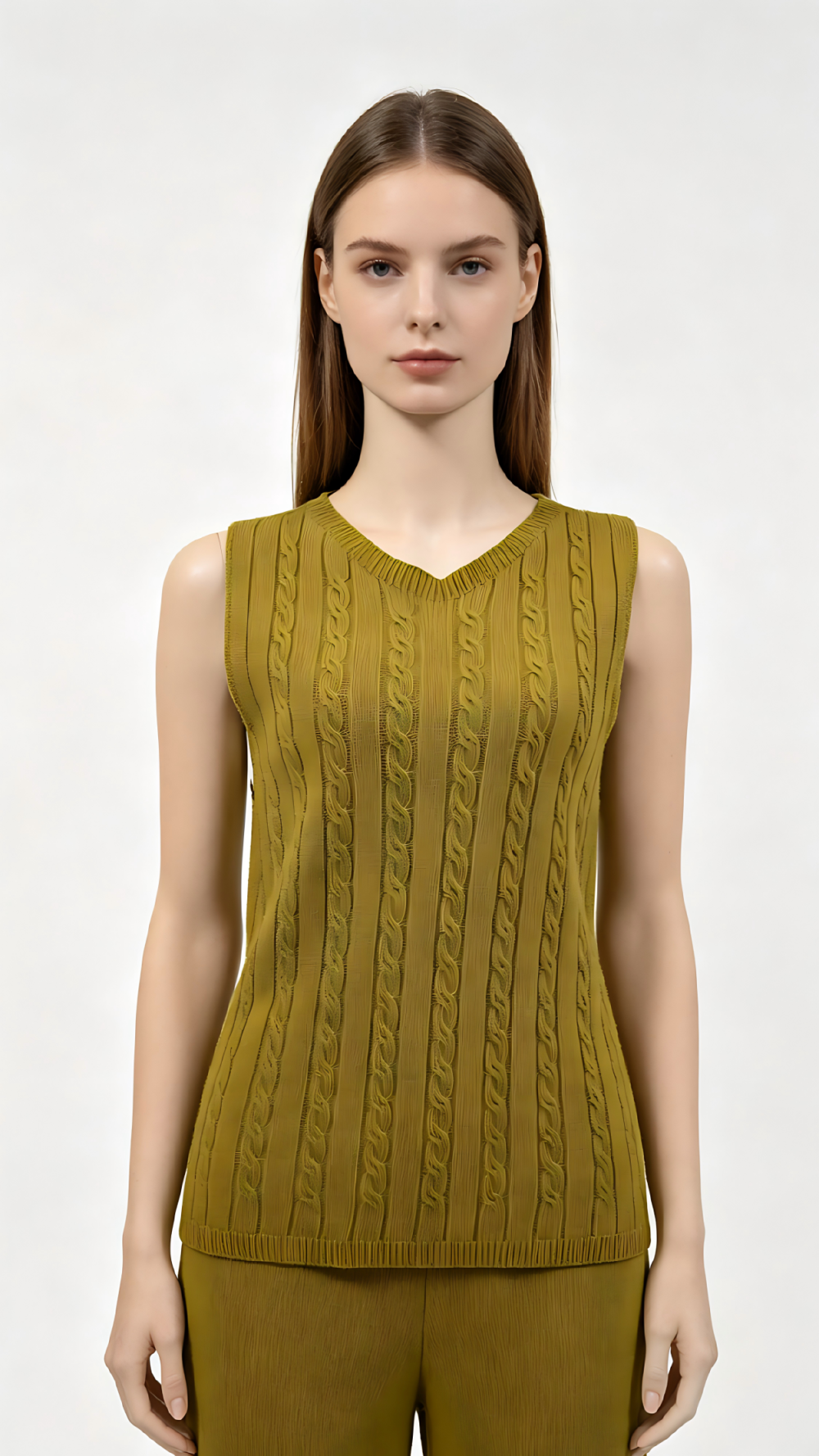 Olive Green Cable Knit V-Neck Sleeveless Vest