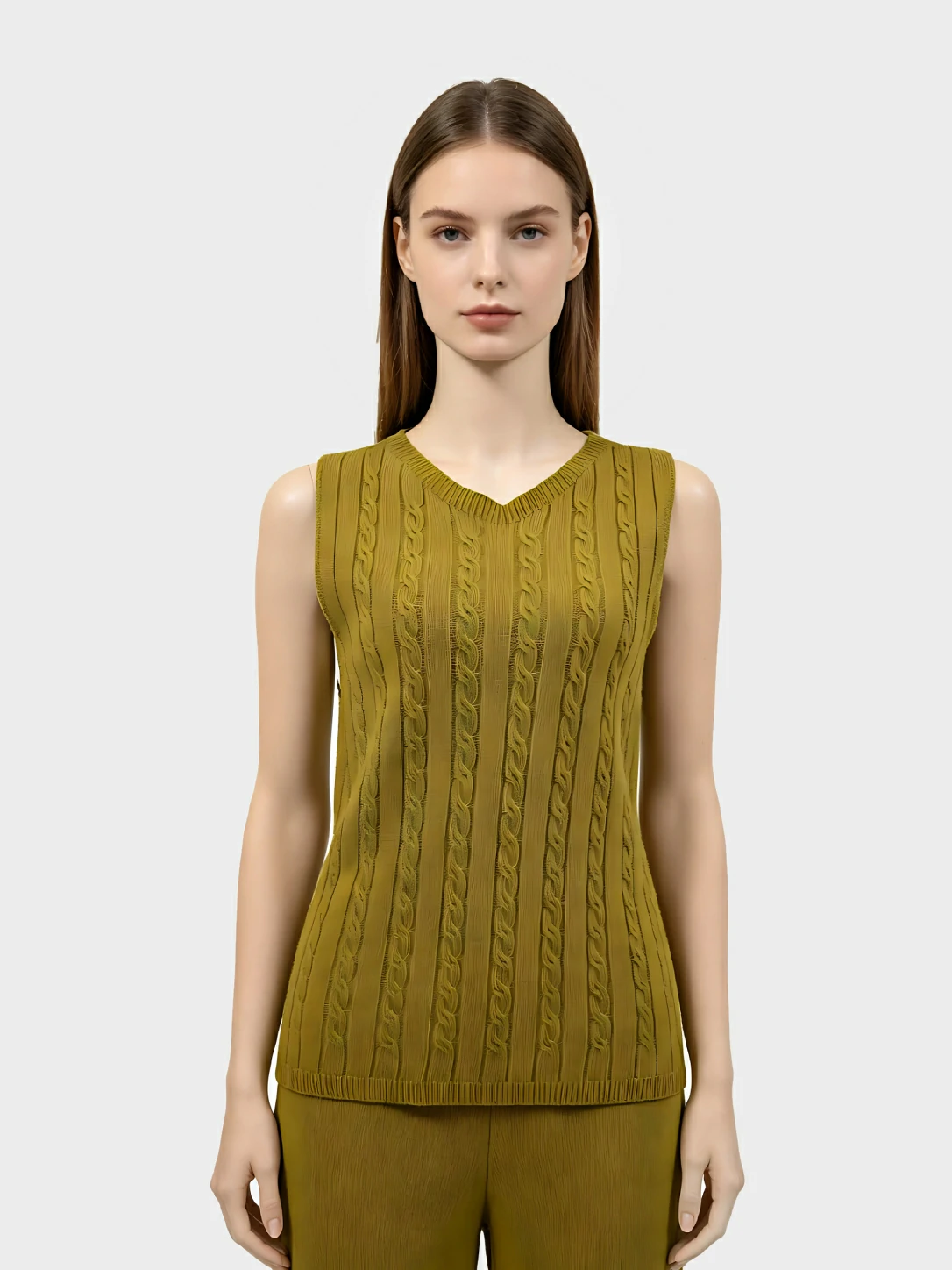 Olive Green Cable Knit V-Neck Sleeveless Vest 1 Olive Green Cable Knit V-Neck Sleeveless Vest