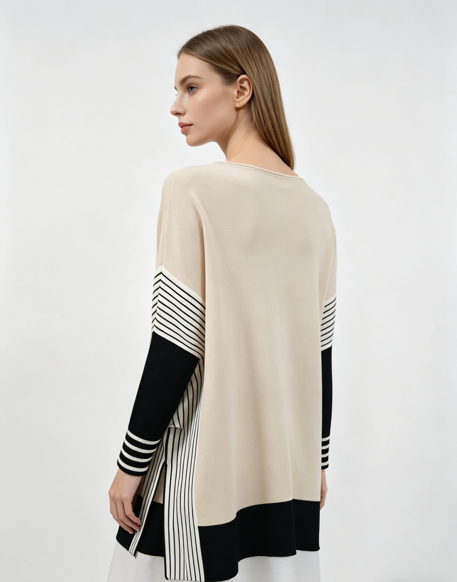 Beige Black Colorblock Stripe Detail Round Neck Knit Top 3 Beige Black Colorblock Stripe Detail Round Neck Knit Top - Image 3