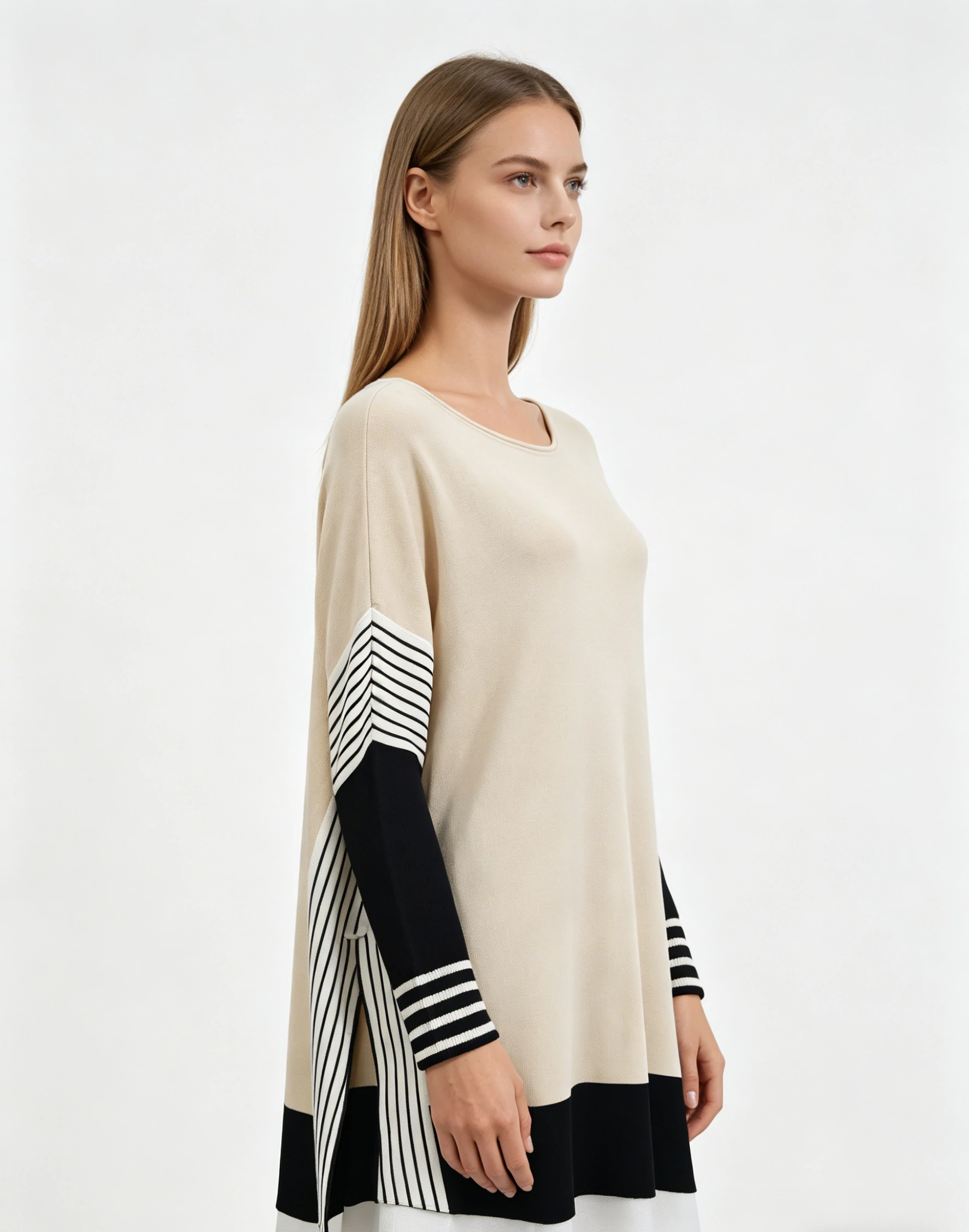 Beige Black Colorblock Stripe Detail Round Neck Knit Top 2 Beige Black Colorblock Stripe Detail Round Neck Knit Top - Image 2