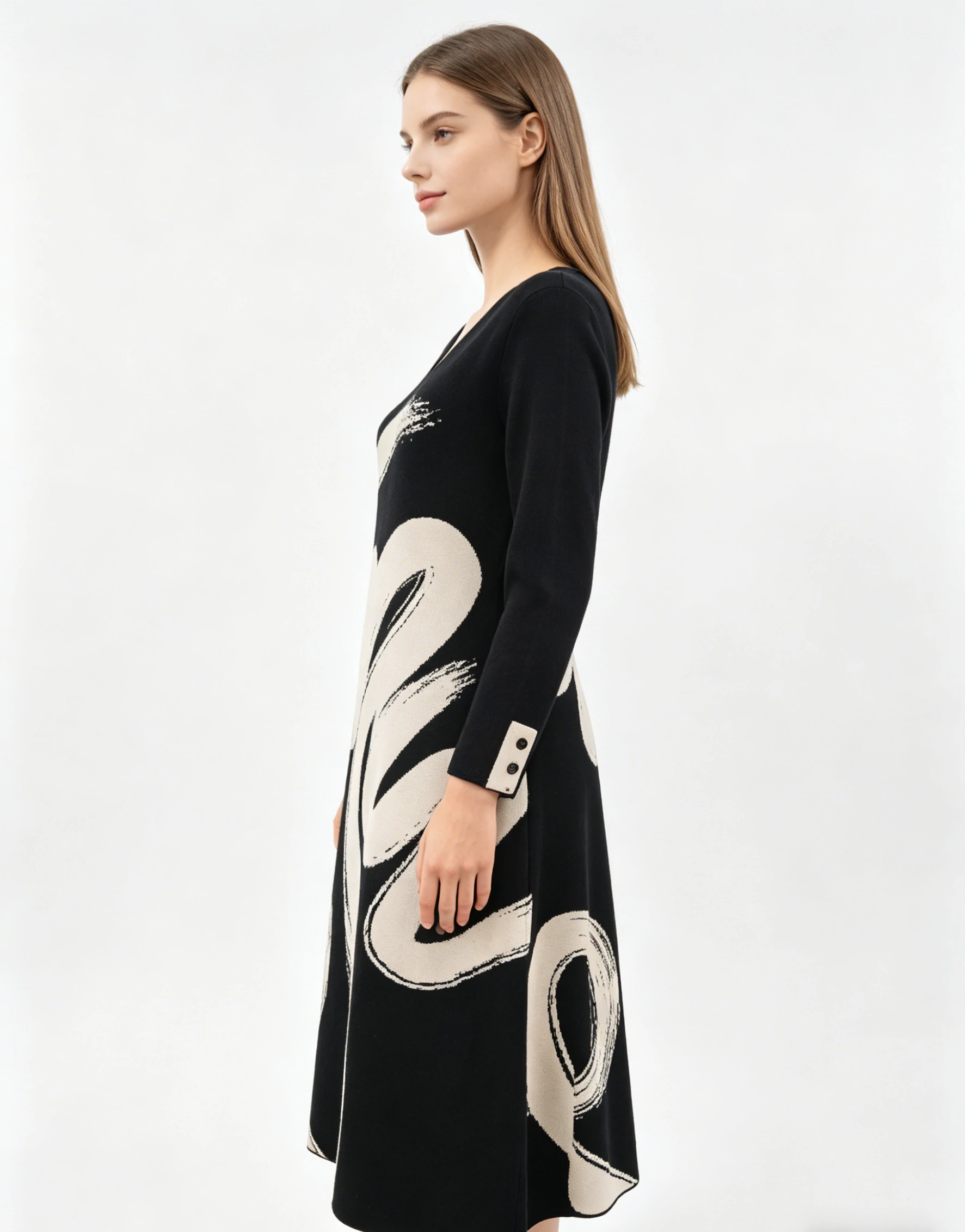 Black Beige Brush Stroke Print V-Neck Knit Midi Dress 3 Black Beige Brush Stroke Print V-Neck Knit Midi Dress - Image 3