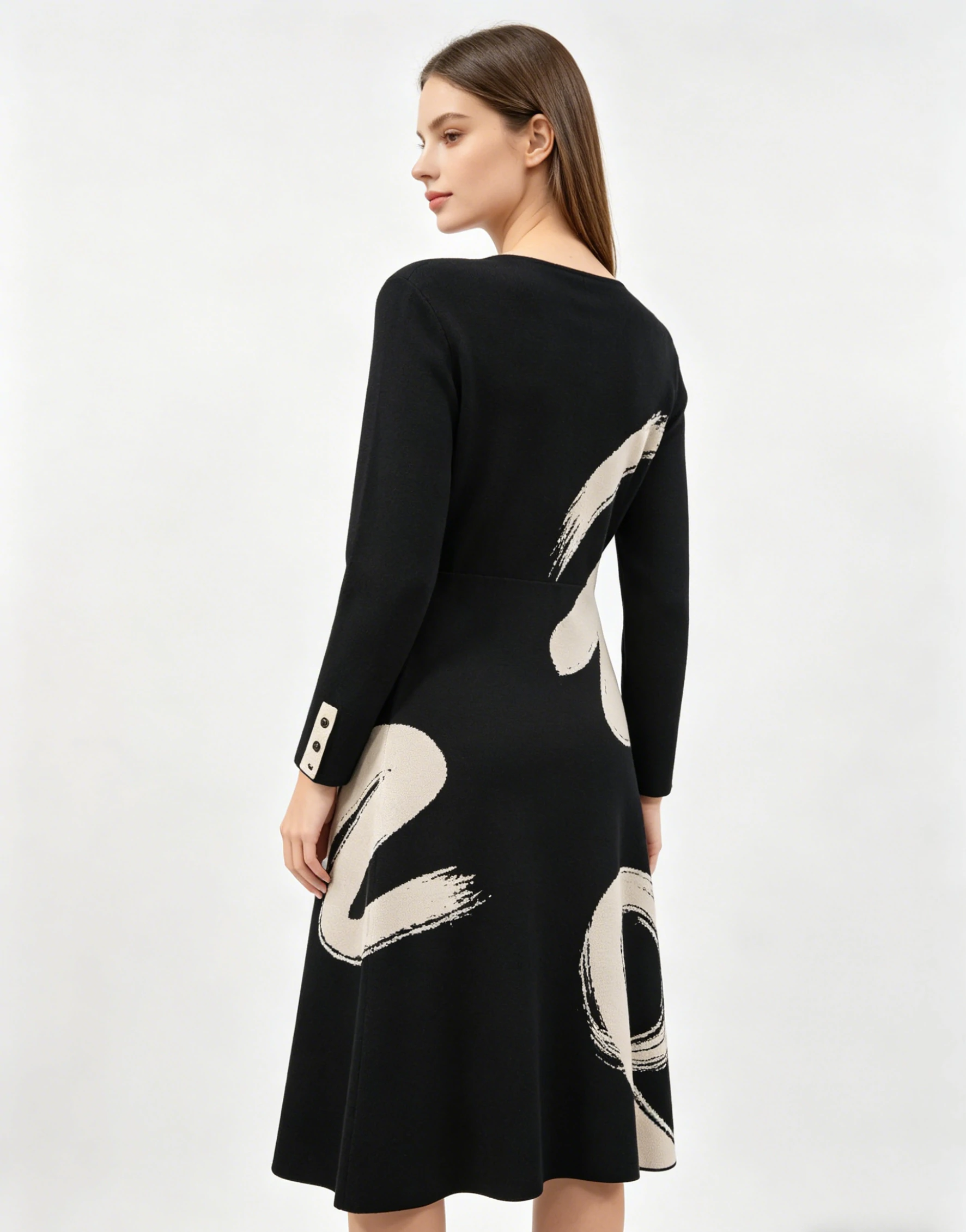 Black Beige Brush Stroke Print V-Neck Knit Midi Dress 2 Black Beige Brush Stroke Print V-Neck Knit Midi Dress - Image 2