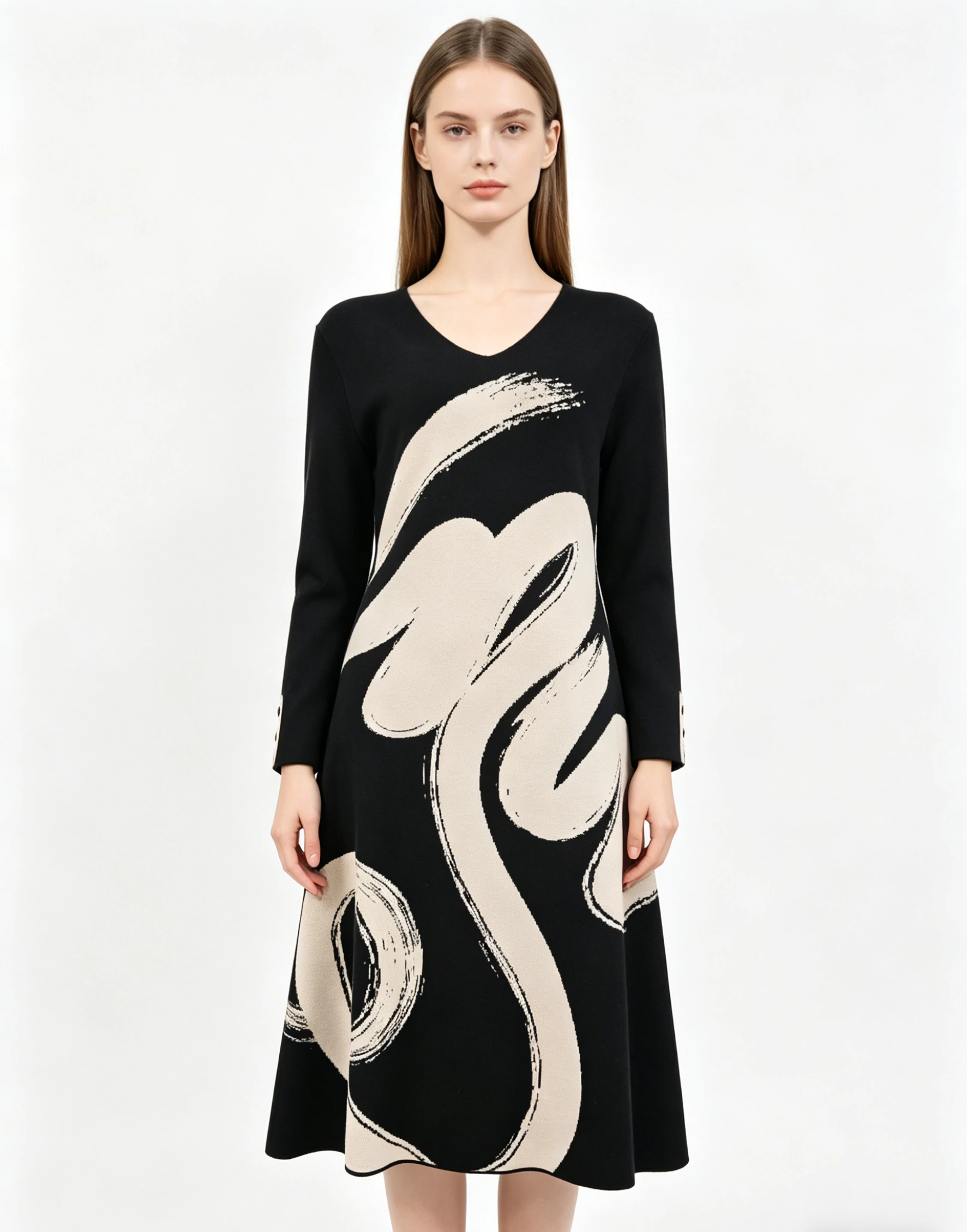 Black Beige Brush Stroke Print V-Neck Knit Midi Dress 1 Black Beige Brush Stroke Print V-Neck Knit Midi Dress