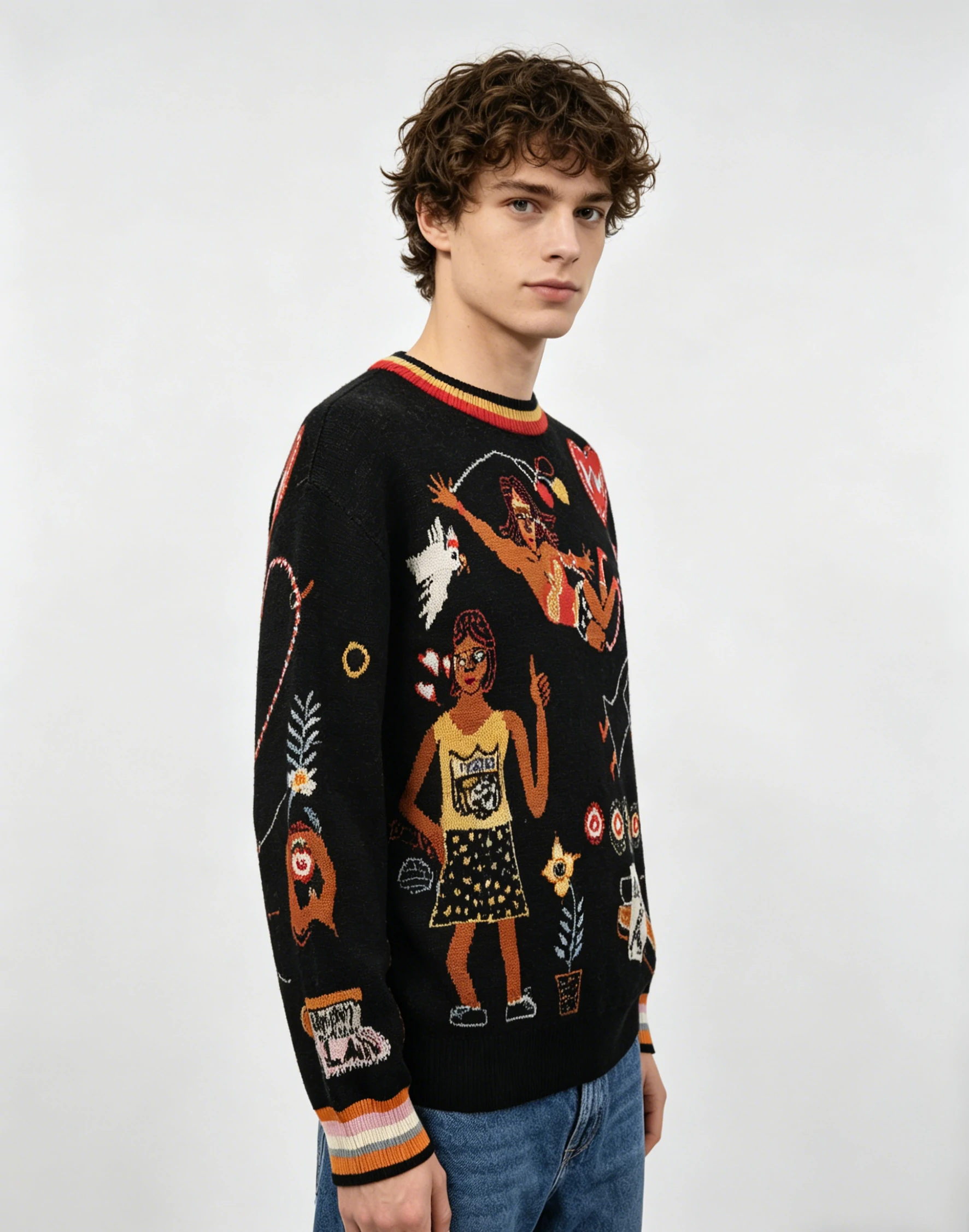 Black Cartoon Graphic Jacquard Knit Sweater 2 Black Cartoon Graphic Jacquard Knit Sweater - Image 2