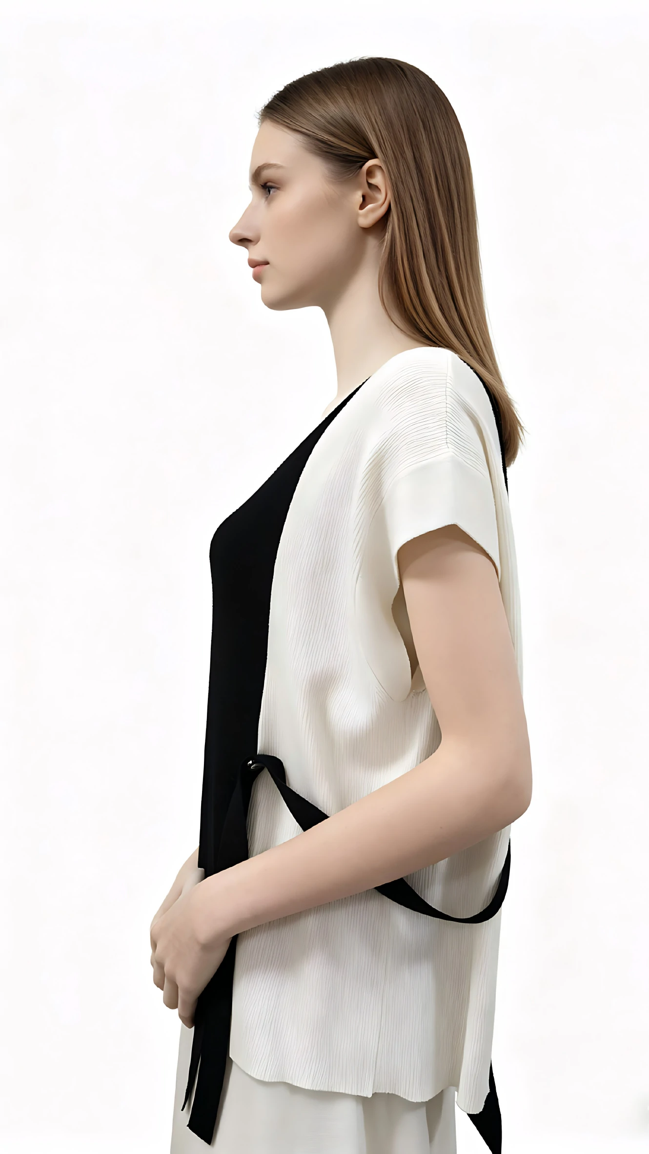 Black White Colorblock V-Neck Belted Knit Top 3 Black White Colorblock V-Neck Belted Knit Top - Image 3