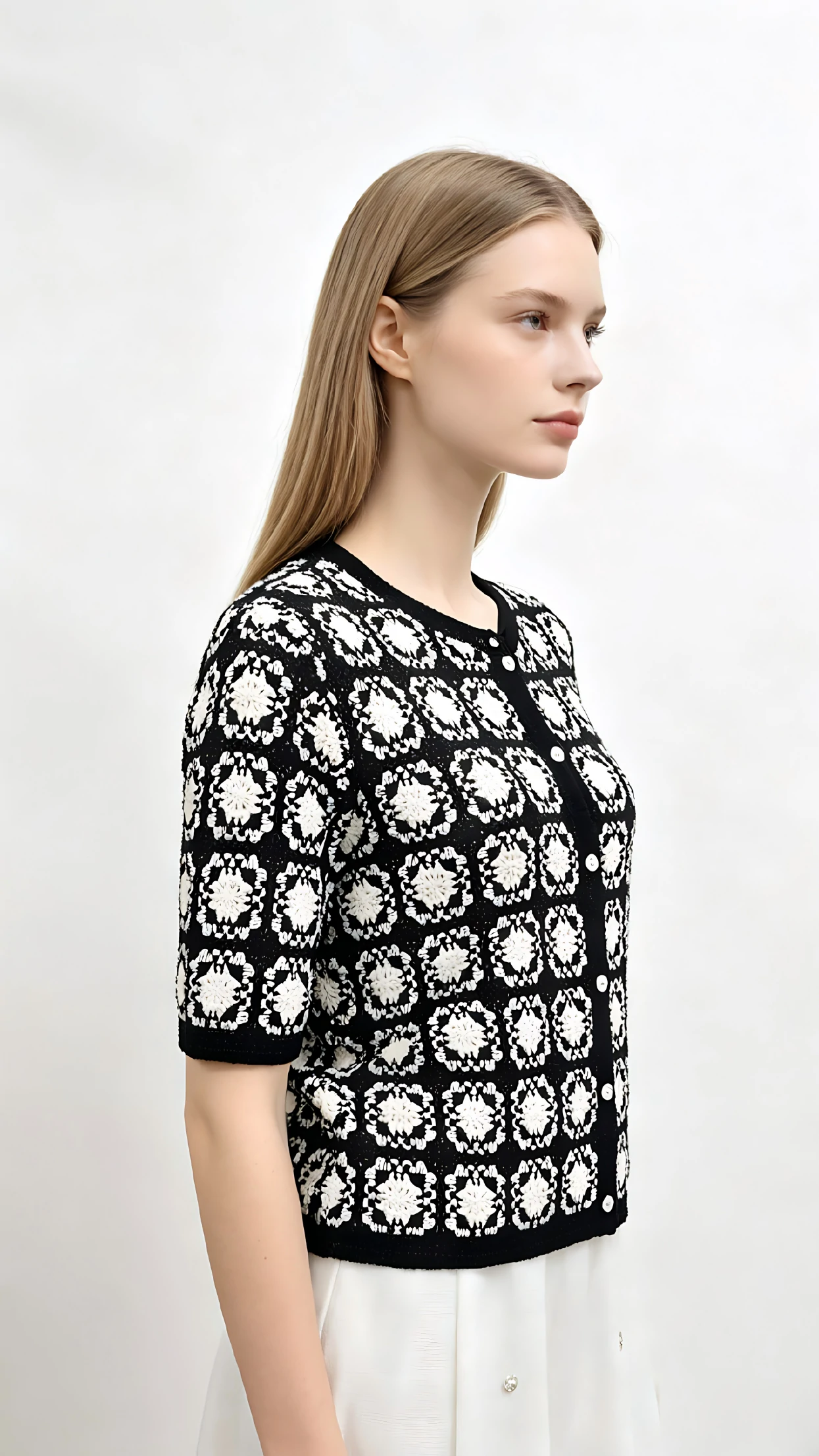 Black White Crochet Floral Square Knit Cardigan 3 Black White Crochet Floral Square Knit Cardigan - Image 3