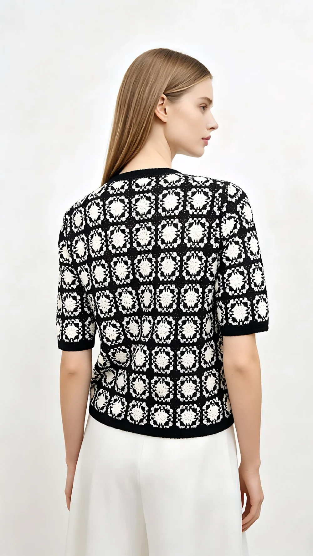 Black White Crochet Floral Square Knit Cardigan (2)