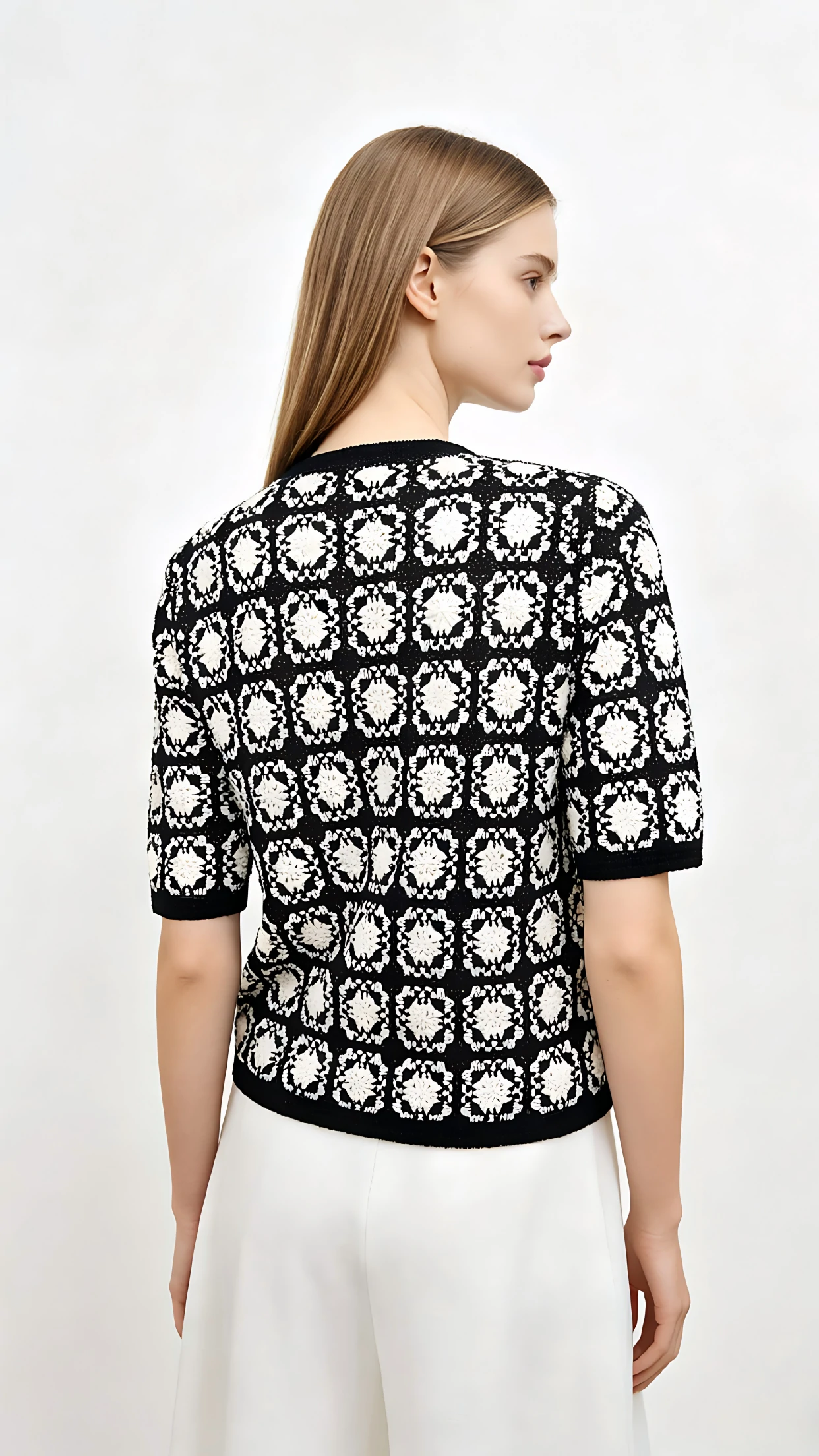 Black White Crochet Floral Square Knit Cardigan 2 Black White Crochet Floral Square Knit Cardigan - Image 2