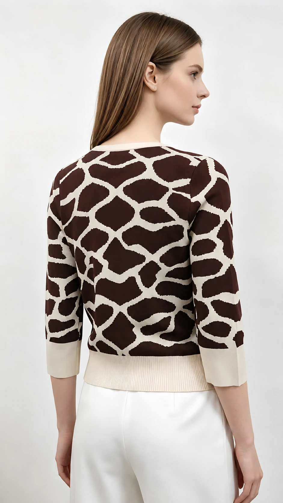 Brown Beige Giraffe Jacquard 3/4 Sleeve Knit Cardigan for Women 3 Brown Beige Giraffe Jacquard 3/4 Sleeve Knit Cardigan for Women - Image 3