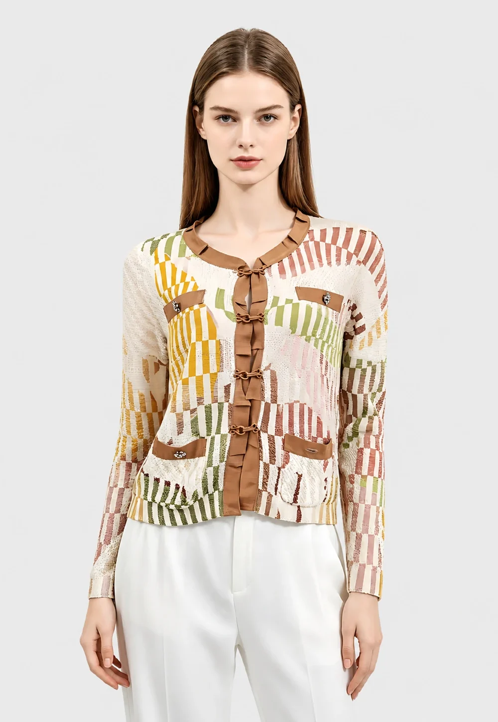 Parisian-Inspired Floral Print Braided Trim Knit Cardigan