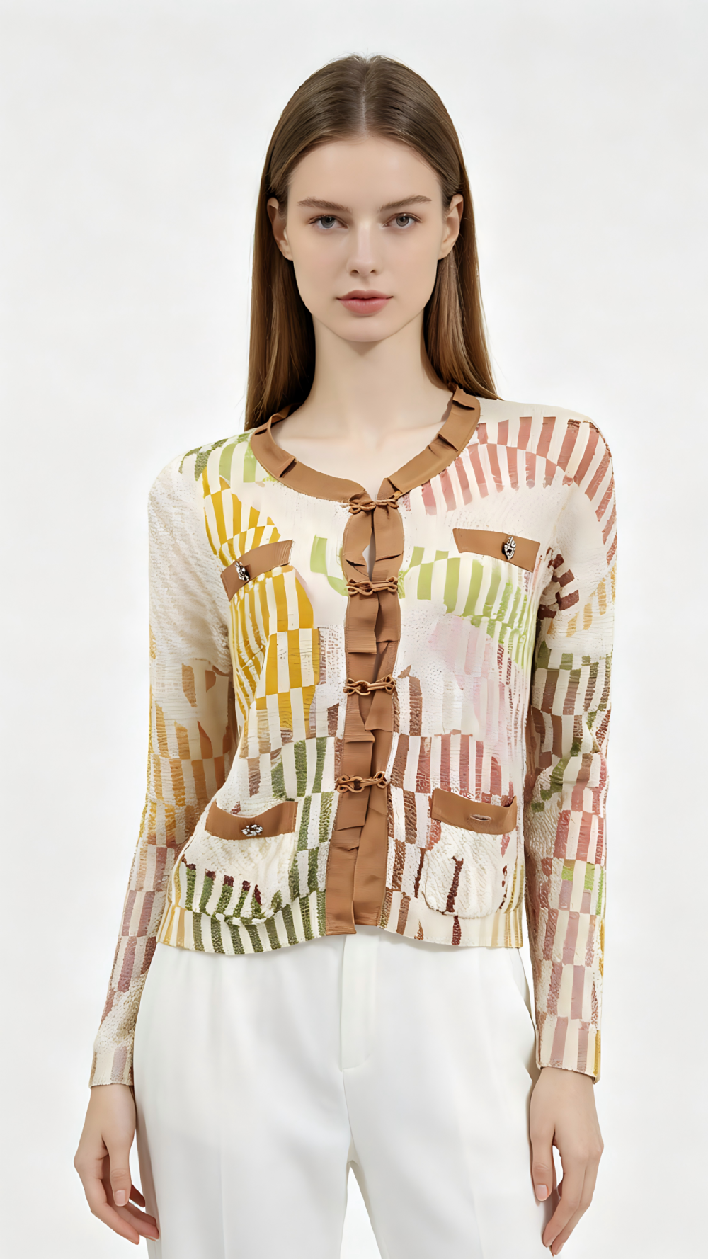 Frog Button Colorblock Print Knit Cardigan