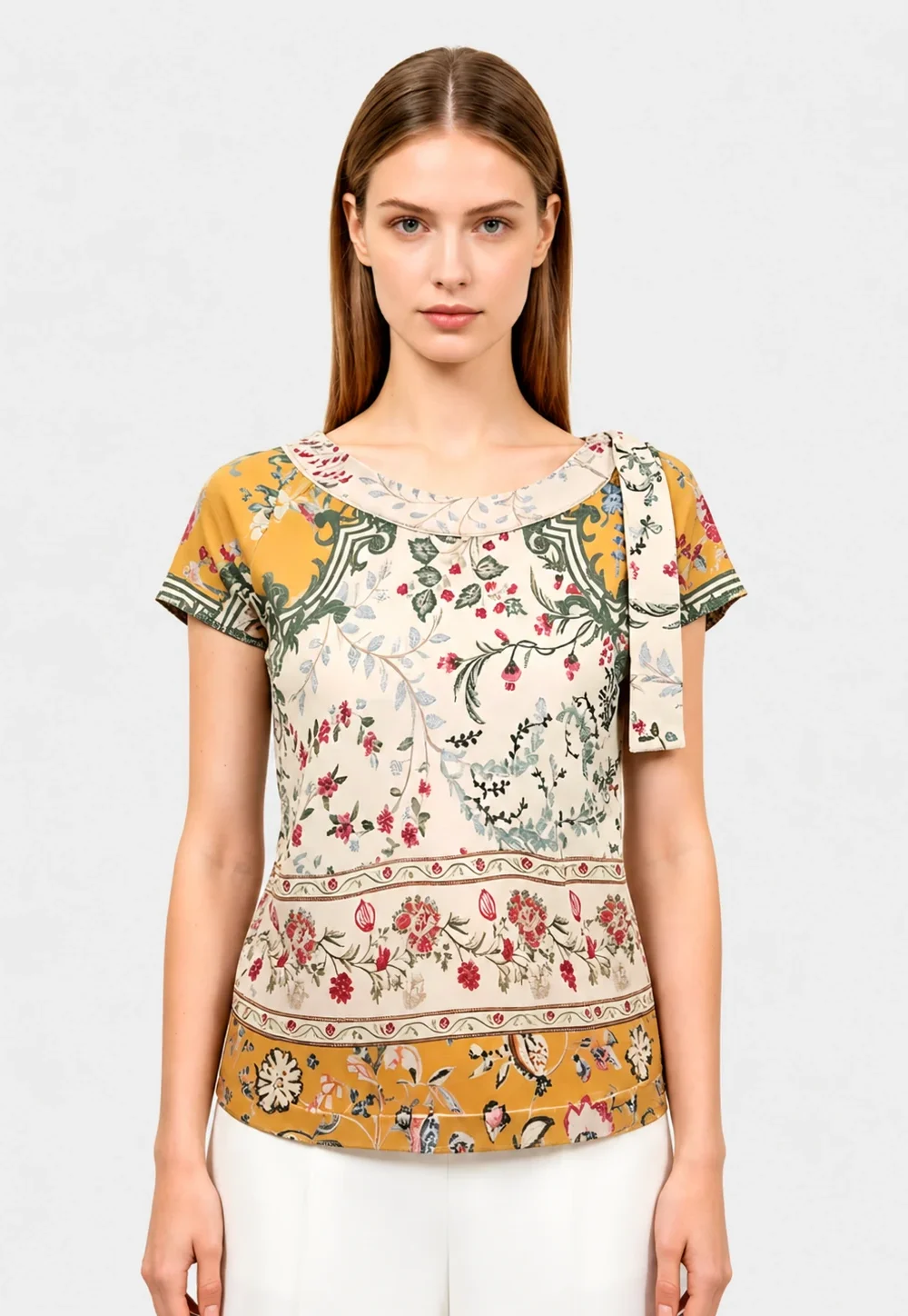 Vintage Floral Print Tie-Neck Short Sleeve Blouse