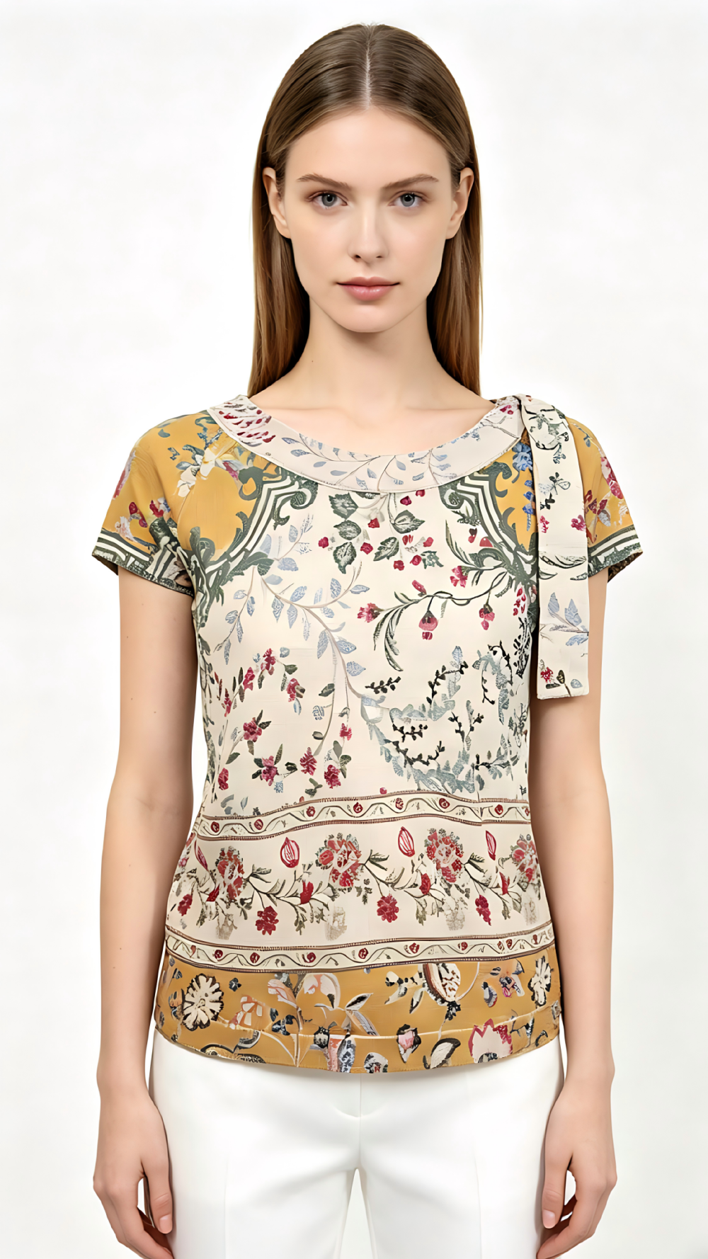 Vintage Floral Print Tie-Neck Short Sleeve Blouse