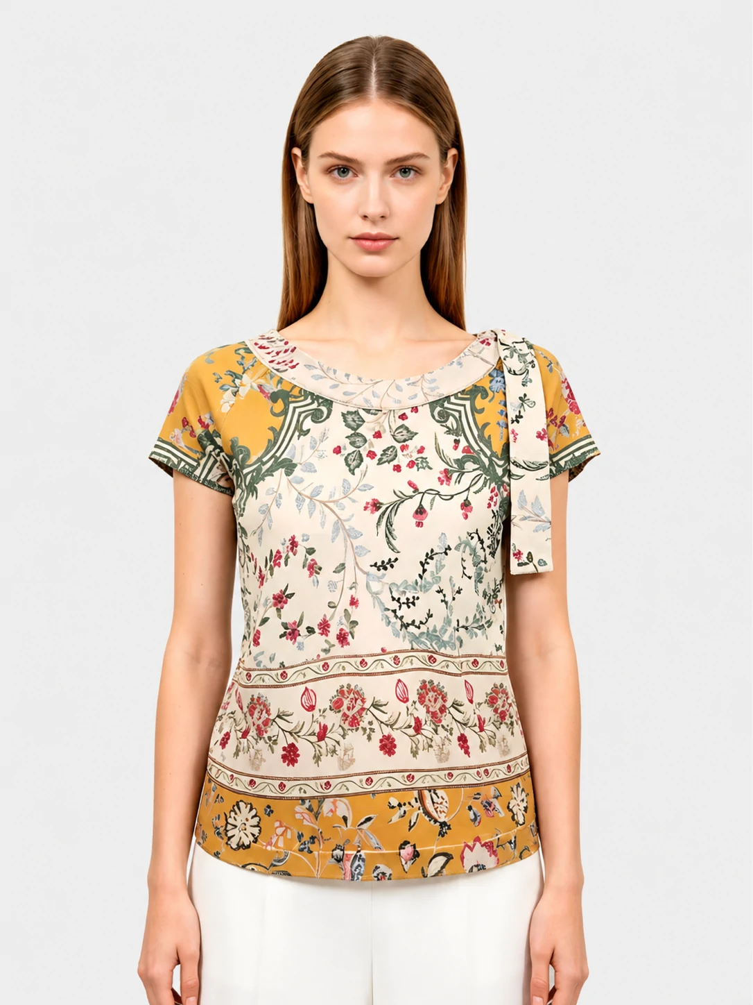 Vintage Floral Print Tie-Neck Short Sleeve Blouse 1 Vintage Floral Print Tie-Neck Short Sleeve Blouse