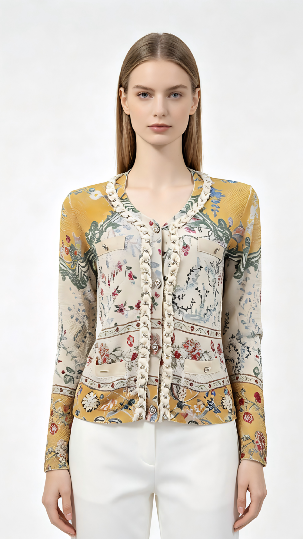 Parisian-Inspired Floral Print Braided Trim Knit Cardigan
