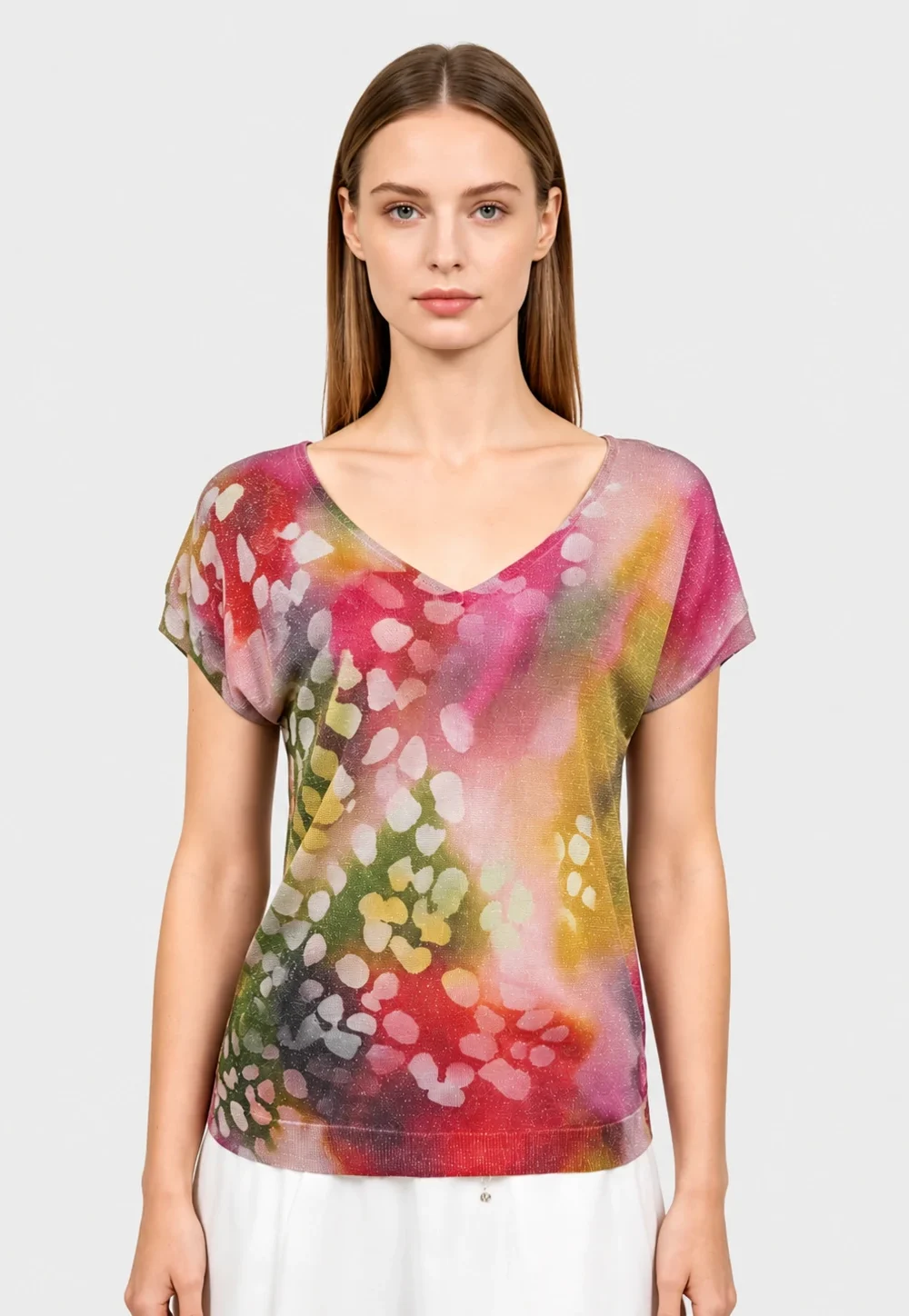 Multicolor Lurex Print V-Neck Batwing Sleeve Top