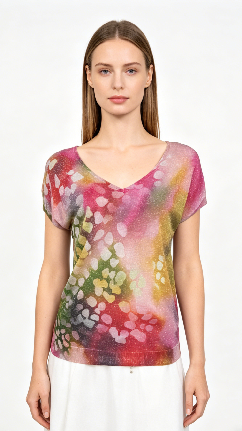 Multicolor Lurex Print V-Neck Batwing Sleeve Top