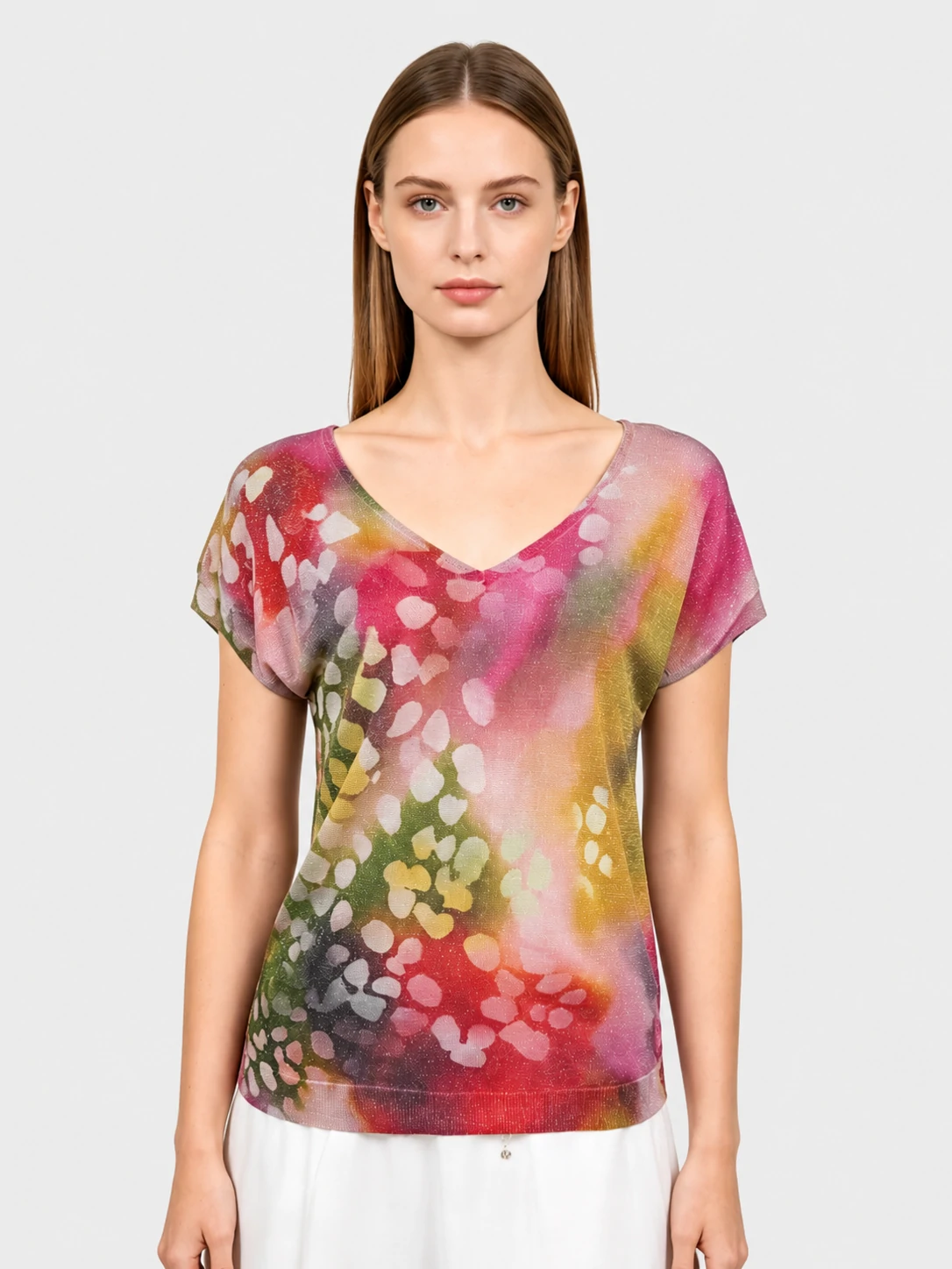 Multicolor Lurex Print V-Neck Batwing Sleeve Top 1 Multicolor Lurex Print V-Neck Batwing Sleeve Top