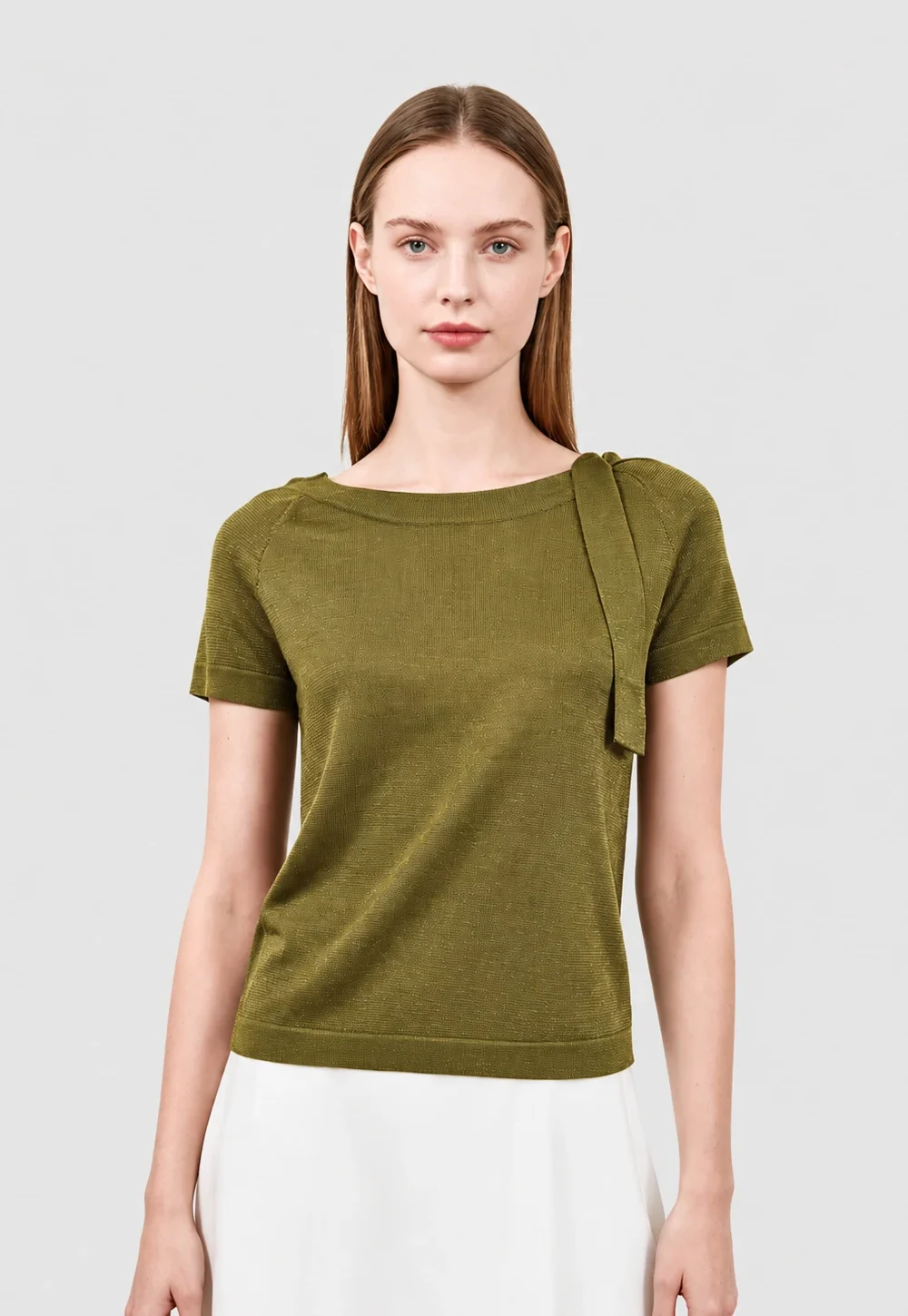 Olive Gold Shimmer Boat Neck Tie Detail Knit Top
