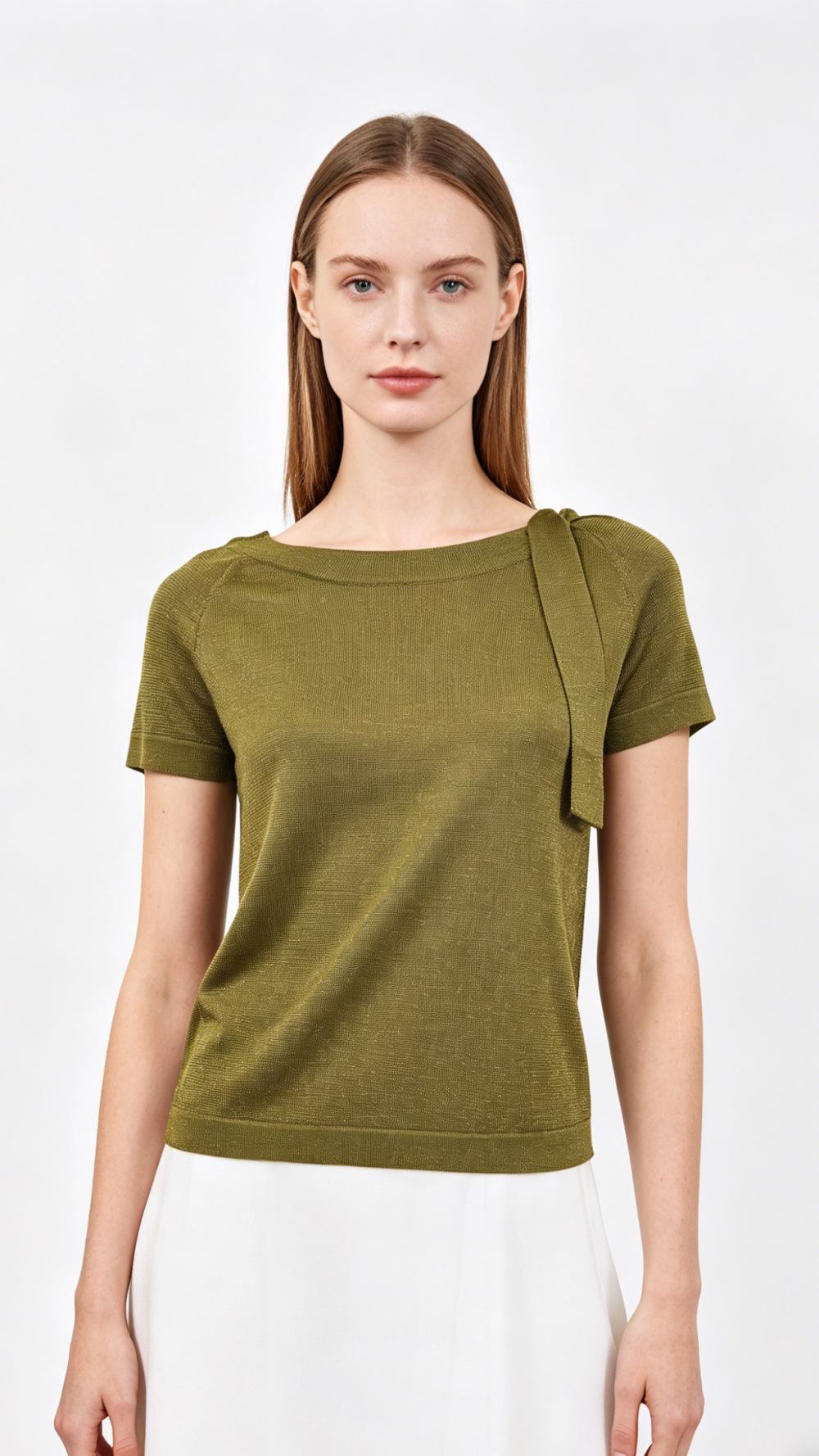 Olive Gold Shimmer Boat Neck Tie Detail Knit Top