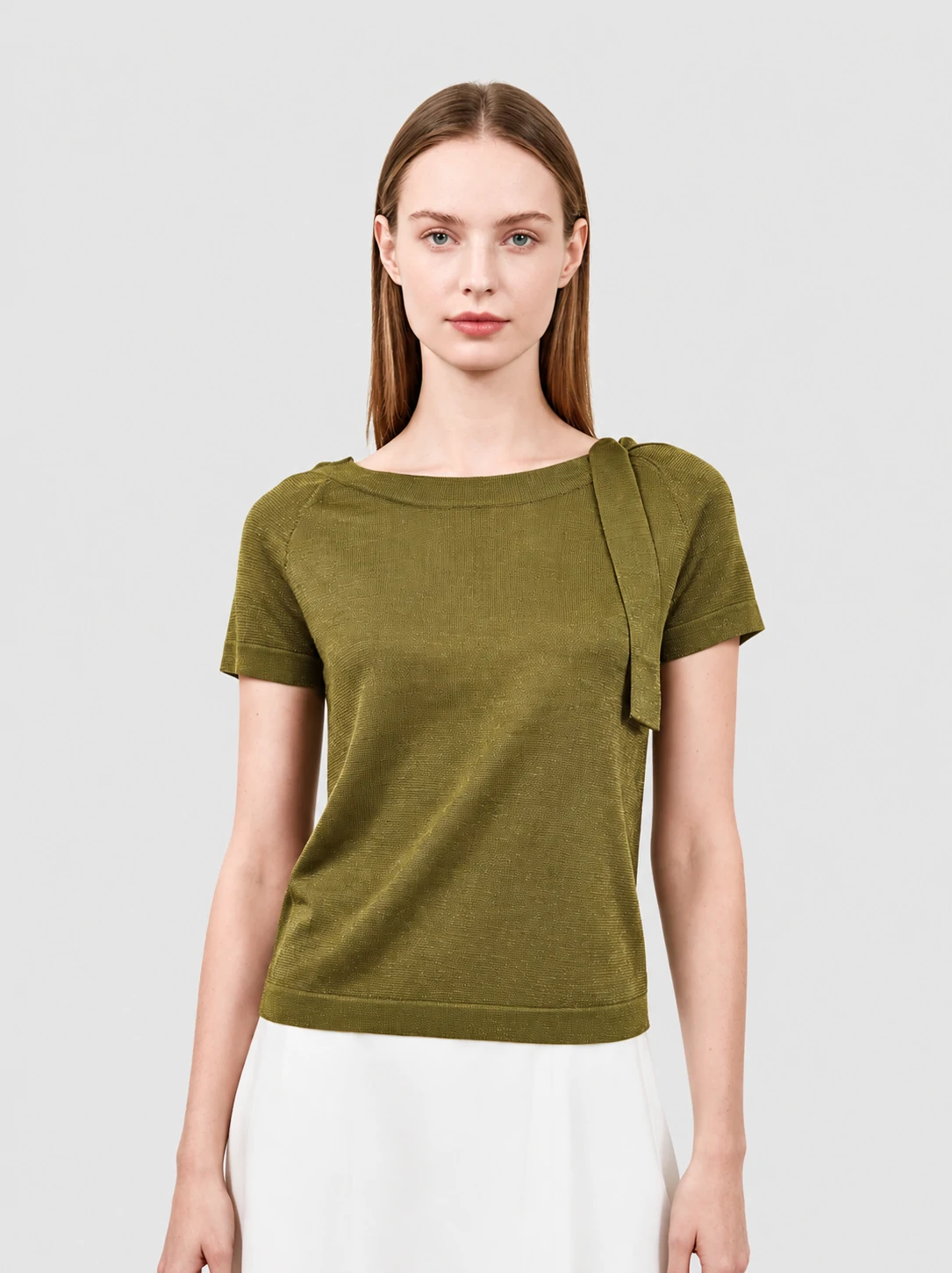 Olive Gold Shimmer Boat Neck Tie Detail Knit Top 1 Olive Gold Shimmer Boat Neck Tie Detail Knit Top