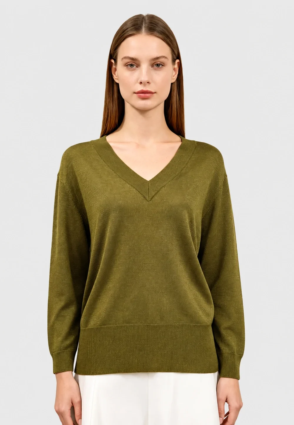 Olive Gold Lurex V-Neck 3/4 Sleeve Knit Top