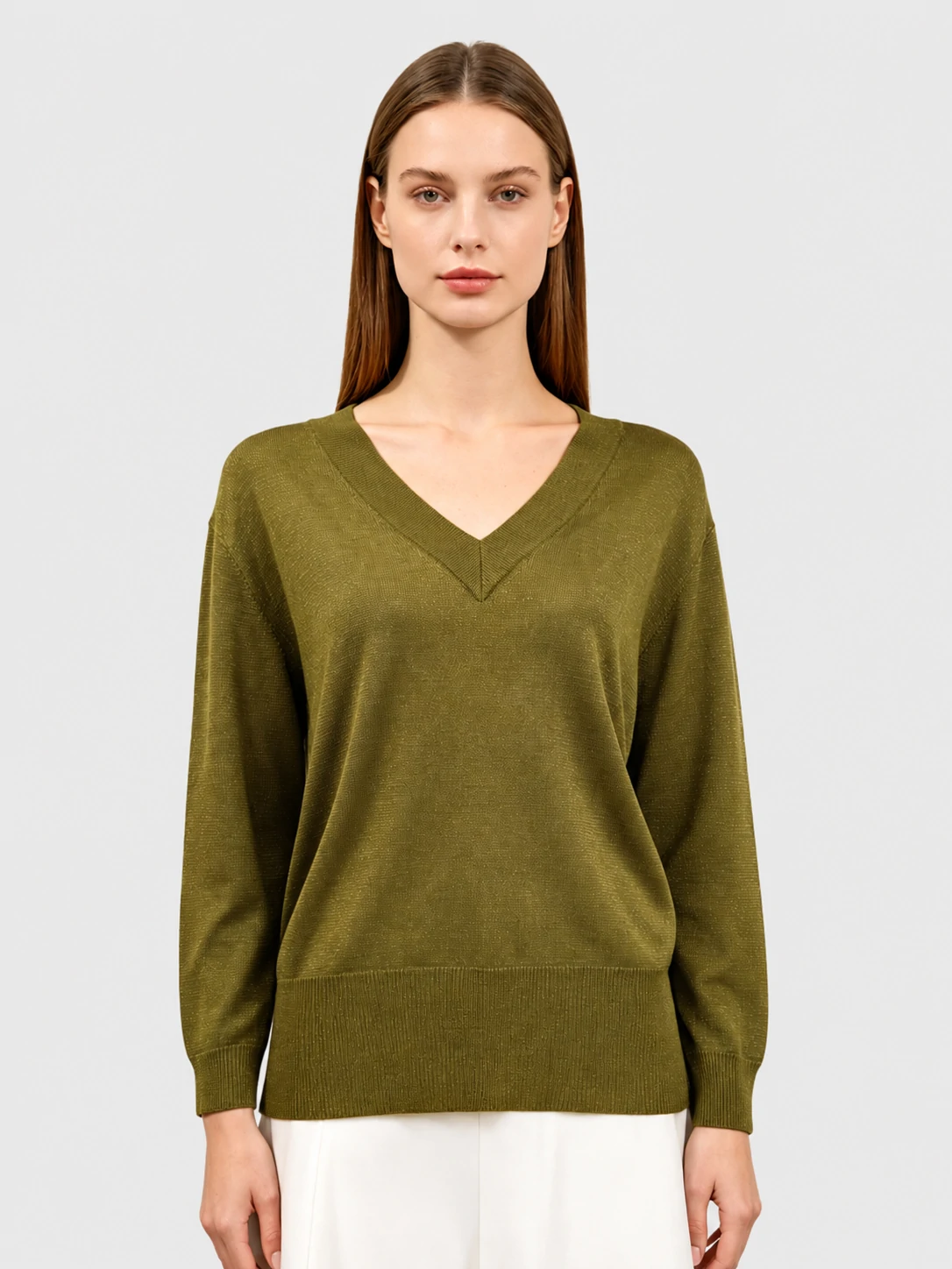Olive Gold Lurex V-Neck 3/4 Sleeve Knit Top 1 Olive Gold Lurex V-Neck 3/4 Sleeve Knit Top