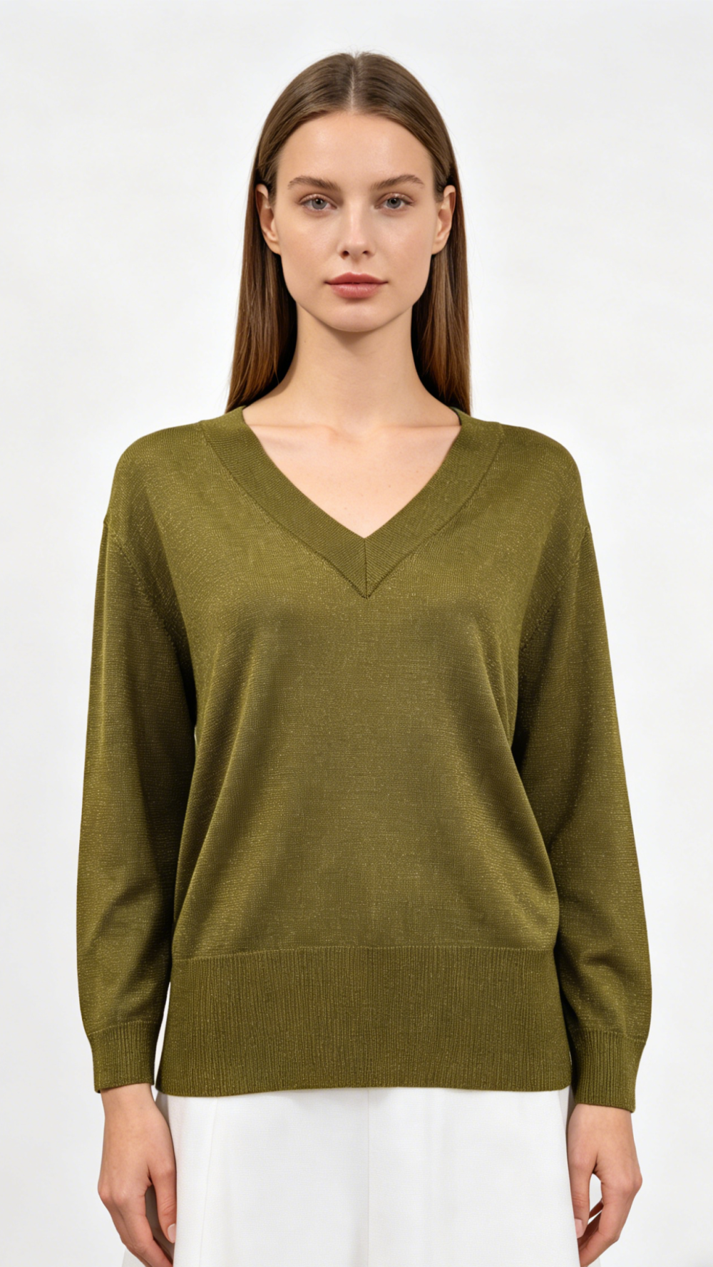 Olive Gold Lurex V-Neck 3/4 Sleeve Knit Top