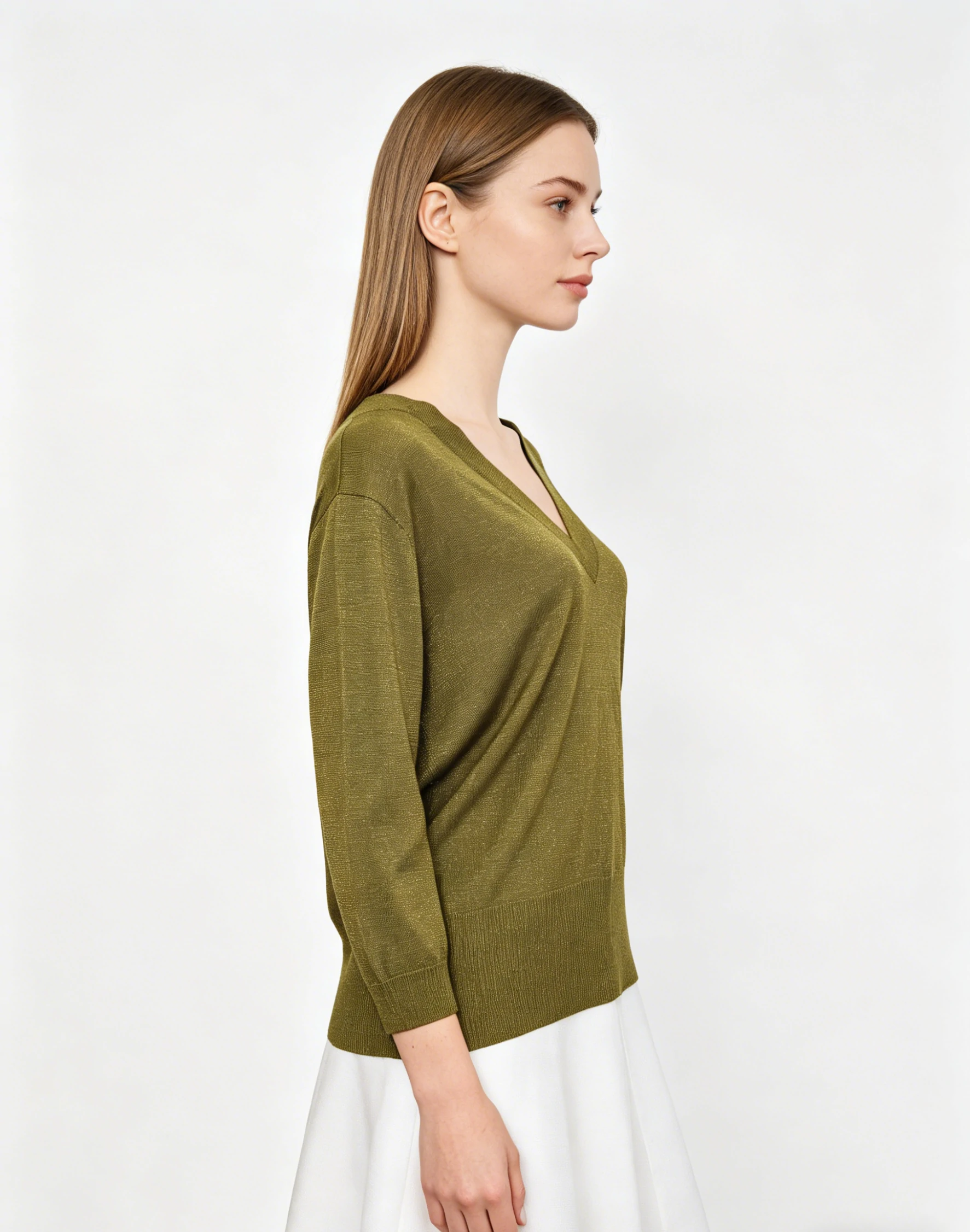 Olive Gold Lurex V-Neck 3/4 Sleeve Knit Top 3 Olive Gold Lurex V-Neck 3/4 Sleeve Knit Top - Image 3