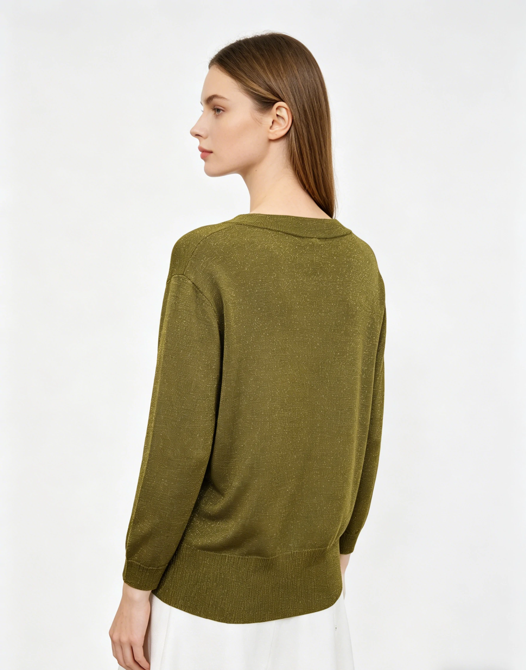 Olive Gold Lurex V-Neck 3/4 Sleeve Knit Top 2 Olive Gold Lurex V-Neck 3/4 Sleeve Knit Top - Image 2