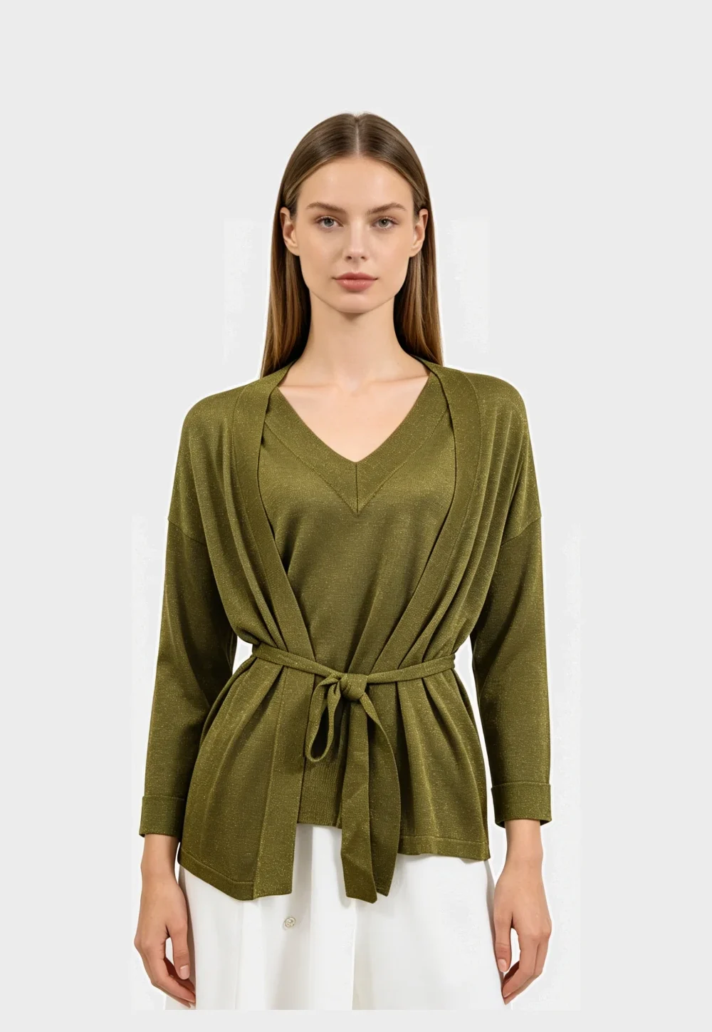 Olive Green Lurex Open Front Knit Cardigan