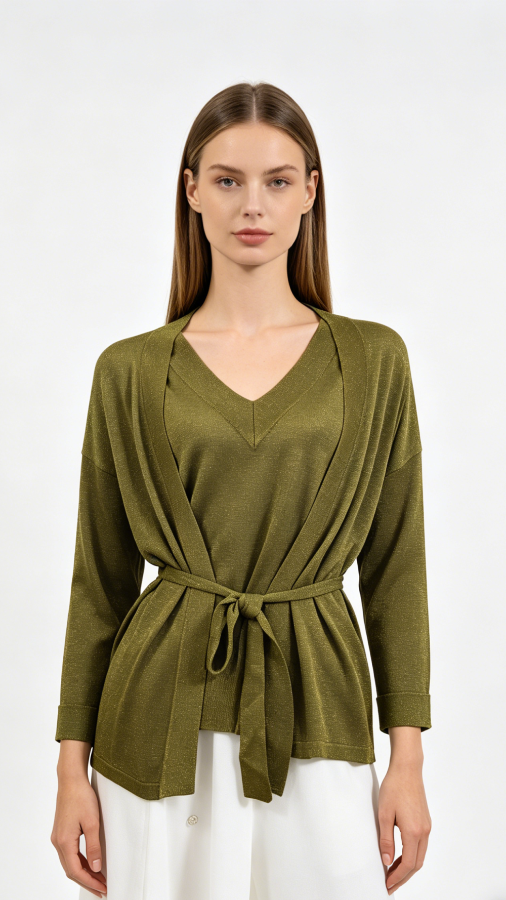 Olive Green Lurex Open Front Knit Cardigan