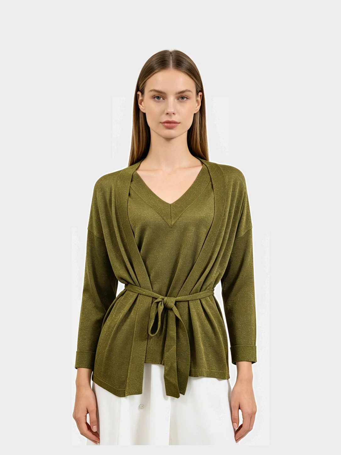 Olive Green Lurex Open Front Knit Cardigan 1 Olive Green Lurex Open Front Knit Cardigan