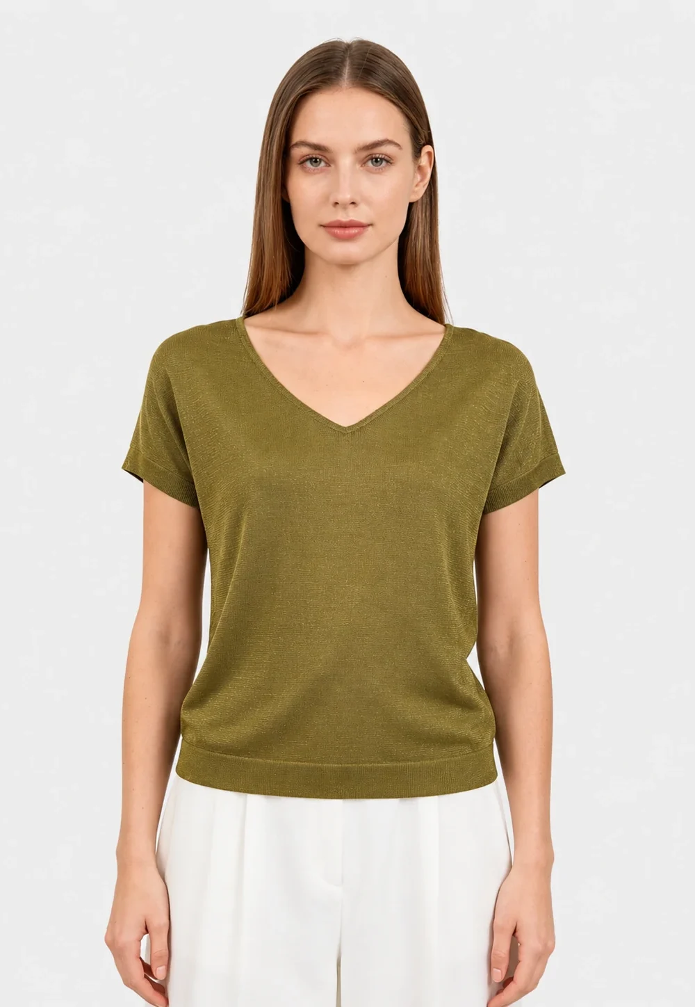 Olive Gold Lurex V-Neck Batwing Sleeve Knit Top