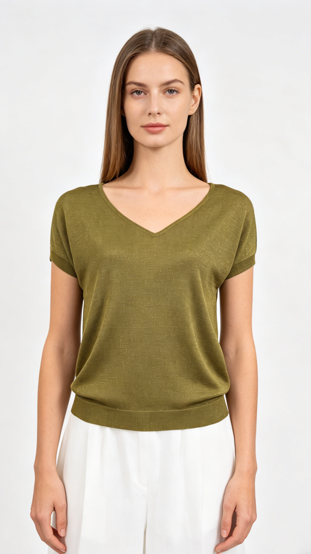Olive Gold Lurex V-Neck Batwing Sleeve Knit Top