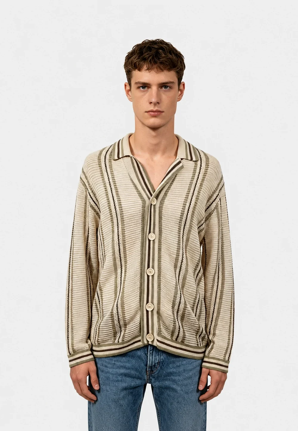 Striped Open-Knit Camp Collar Cardigan