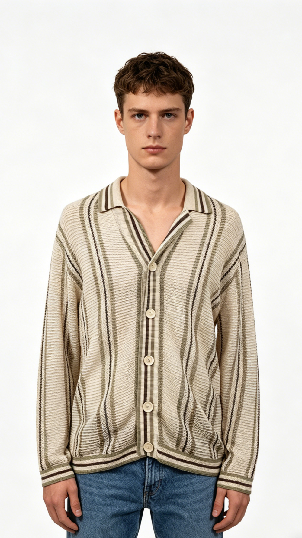 Striped Open-Knit Camp Collar Cardigan