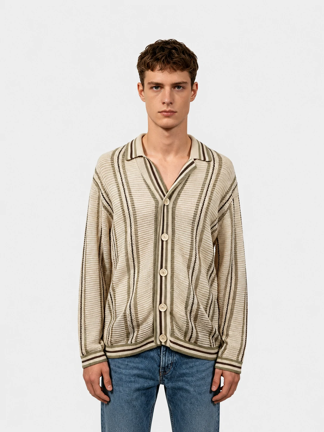 Striped Open-Knit Camp Collar Cardigan 1 Striped Open-Knit Camp Collar Cardigan