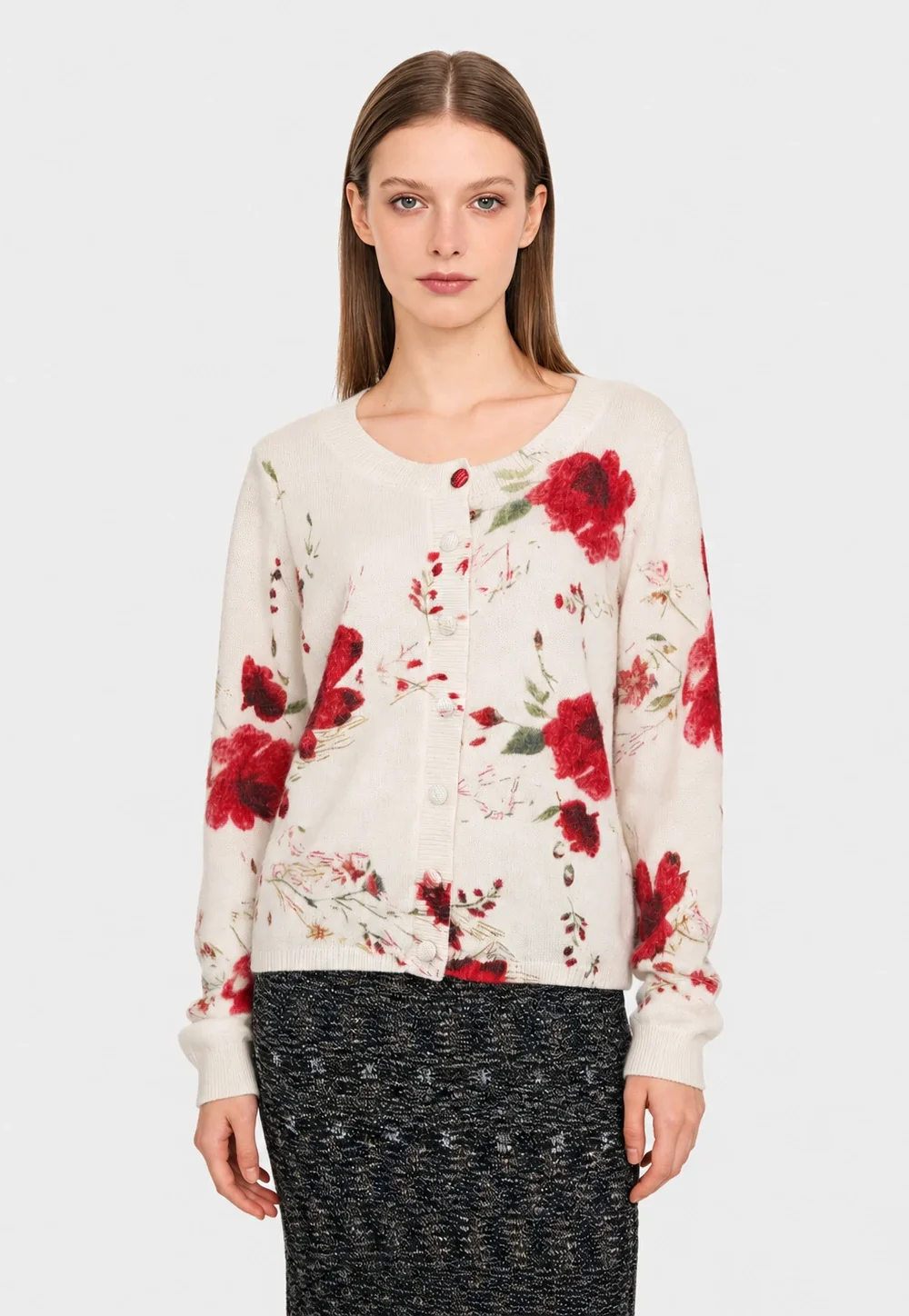 50%Angora Nylon Floral Print Cardigan