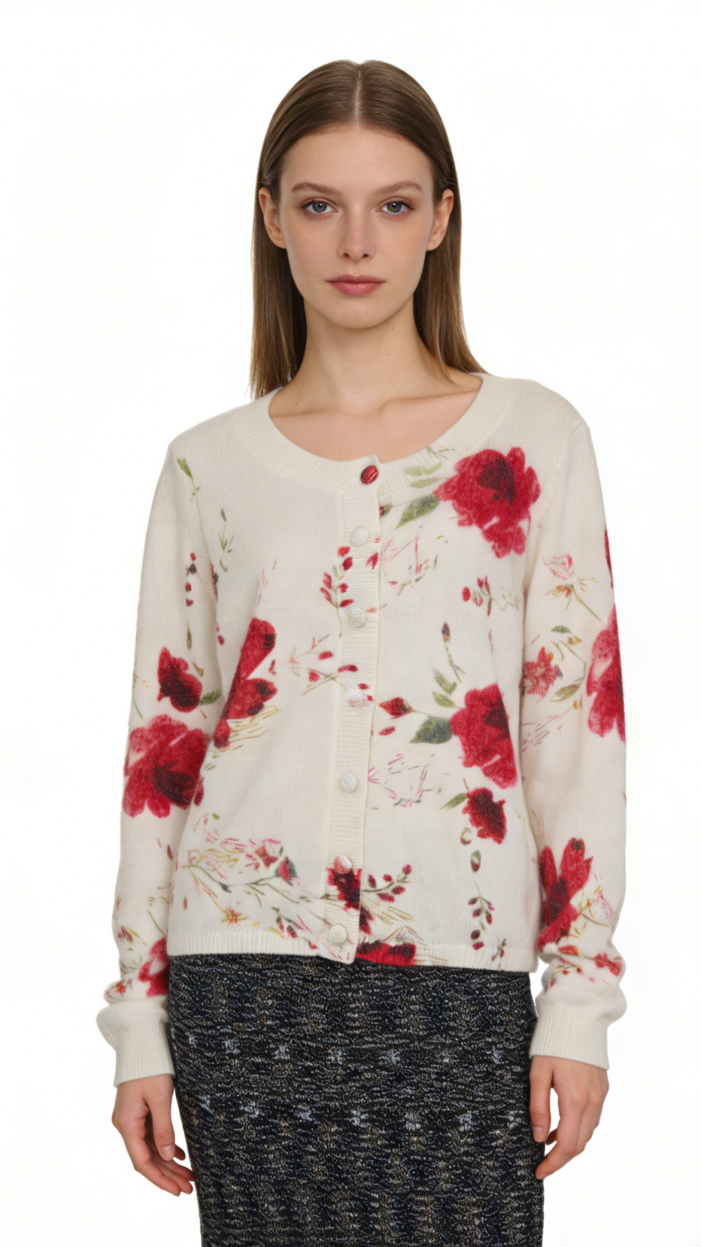 50%Angora Nylon Floral Print Cardigan