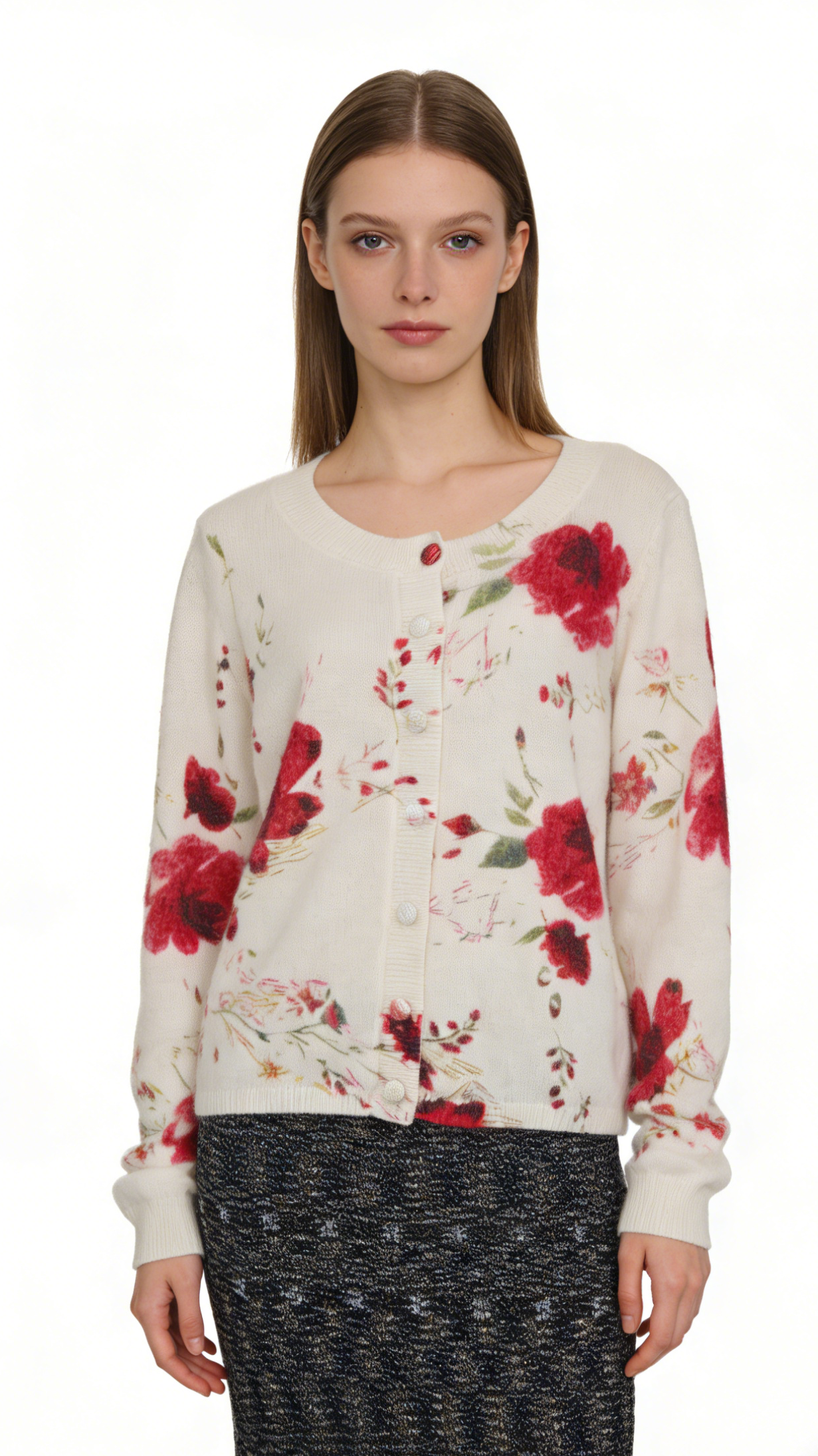 50%Angora Nylon Floral Print Cardigan