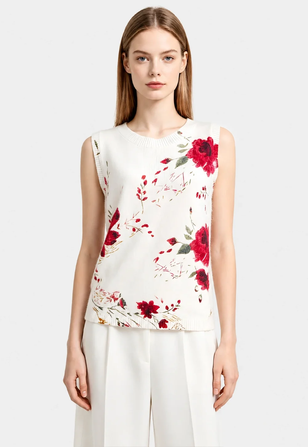 White Red Rose Print Sleeveless Knit Top