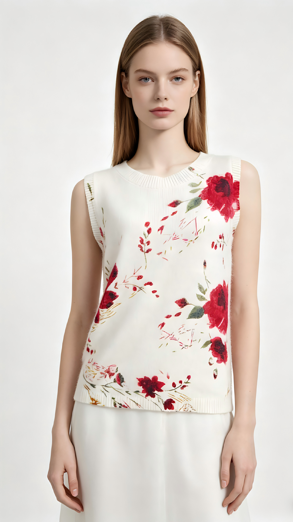 White Red Rose Print Sleeveless Knit Top
