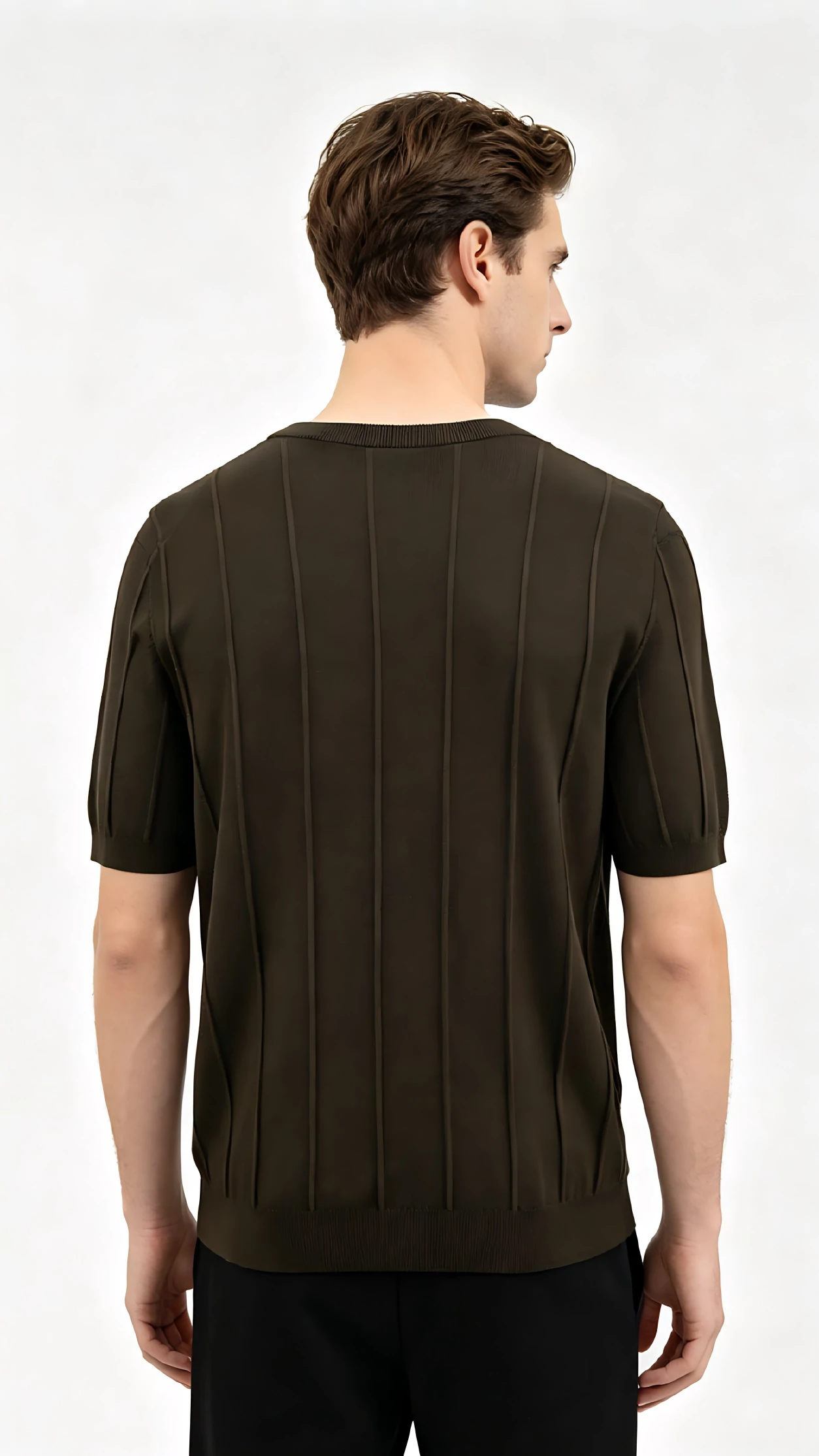 Dark Brown Vertical Rib Knit Crewneck T-Shirt 3 Dark Brown Vertical Rib Knit Crewneck T-Shirt - Image 3
