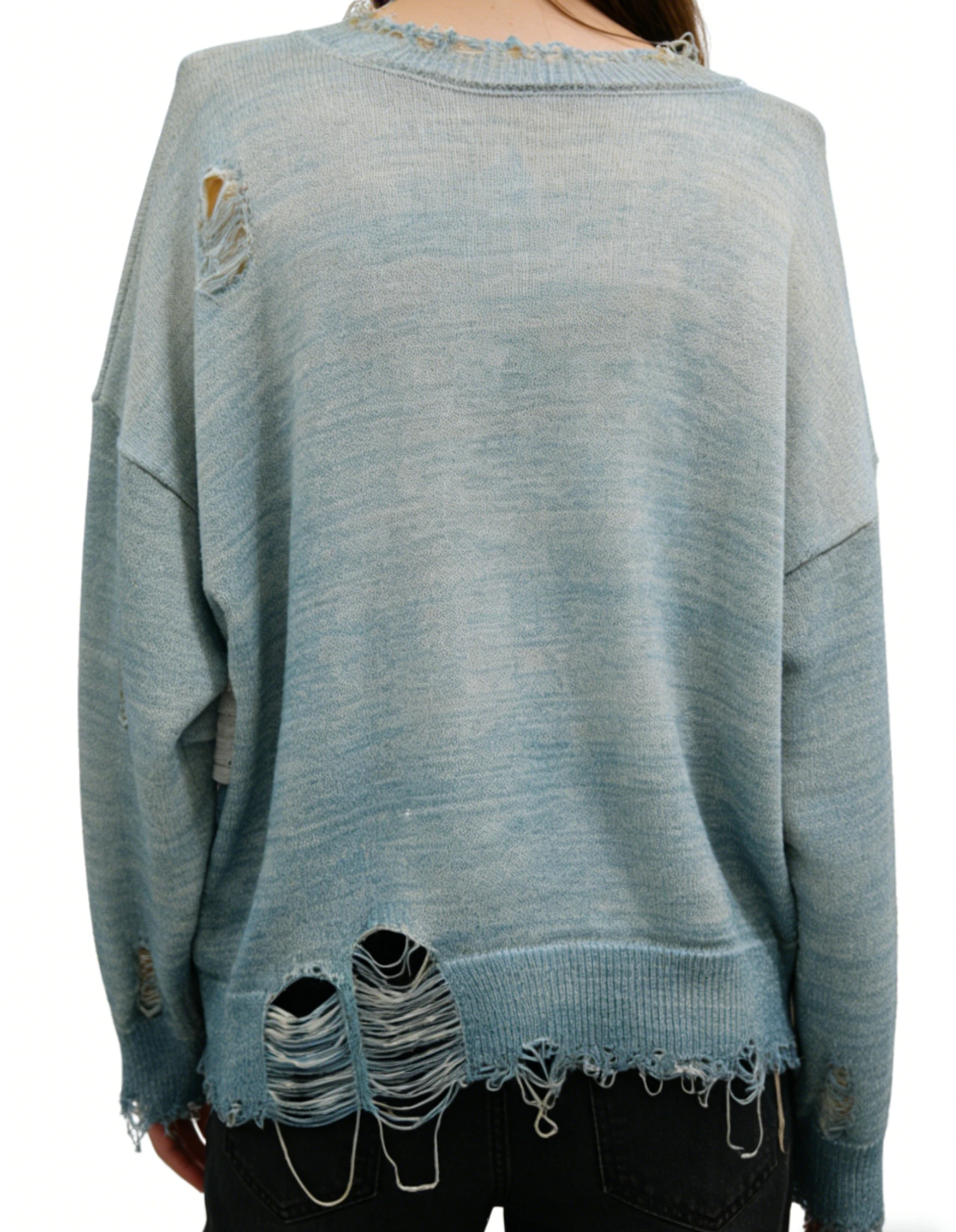 Distressed Light Blue Cotton Knit Sweater 2 Distressed Light Blue Cotton Knit Sweater - Image 2