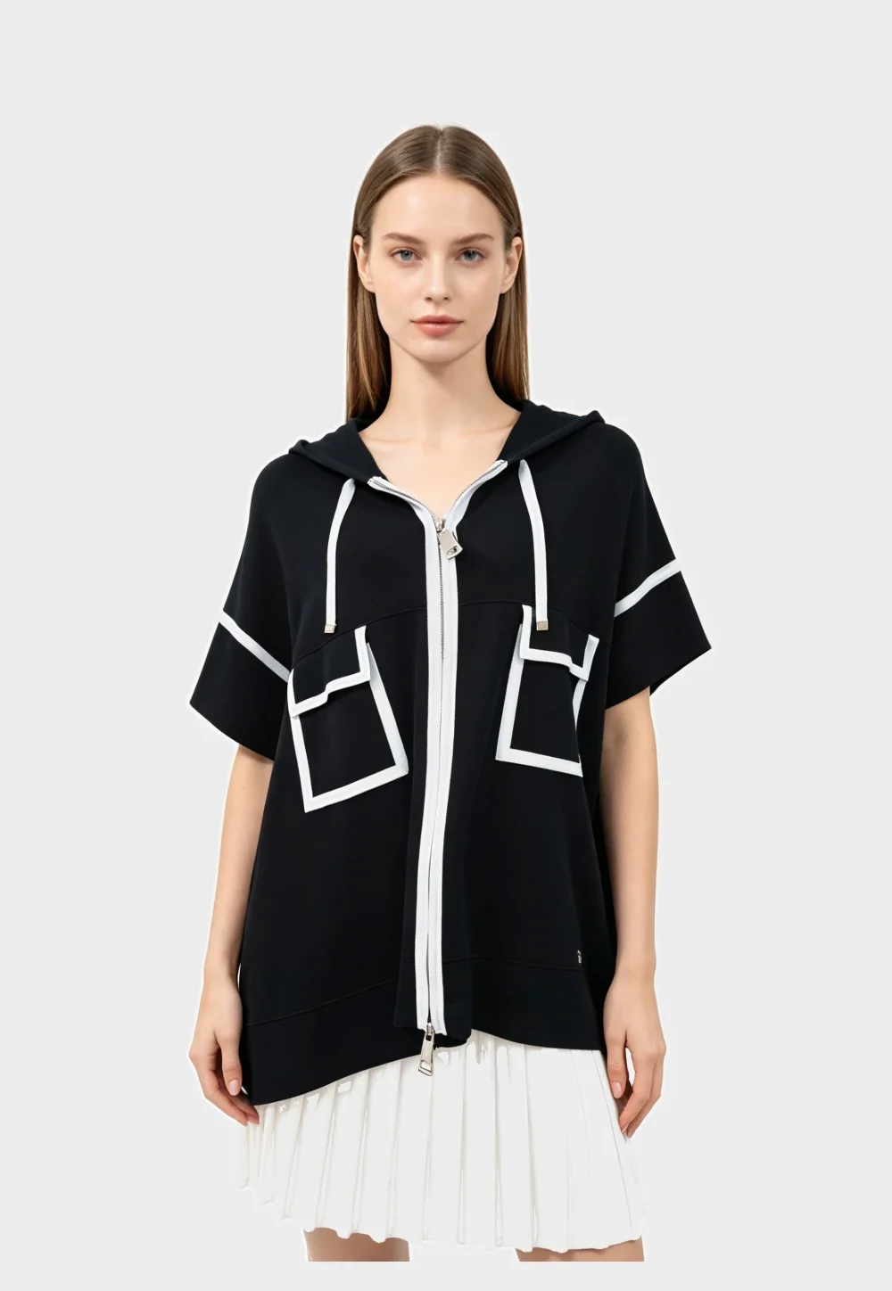 Navy White Contrast Trim Hooded Zip Up Knit Poncho